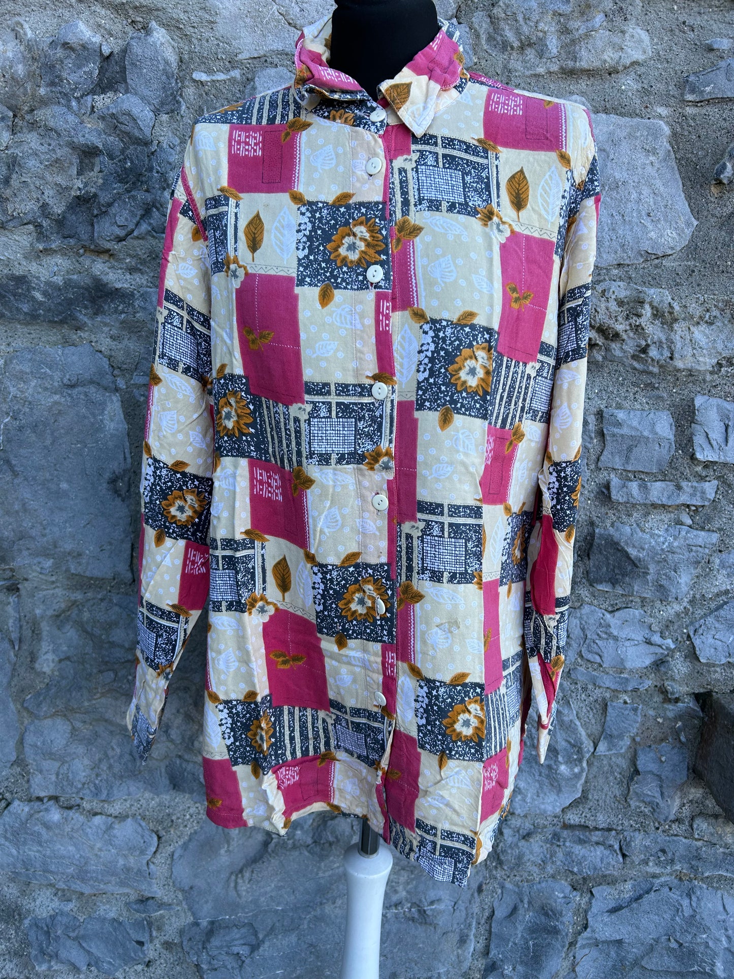 80s pink&floral patchwork shirt S/M