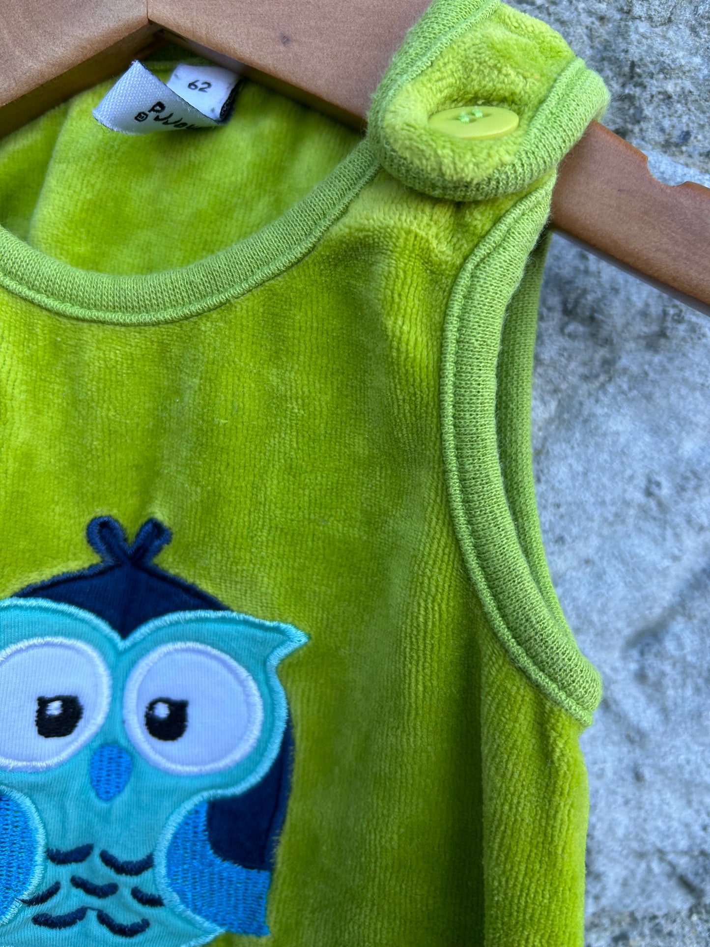 Owl lime green velour dungarees 3m (62cm)