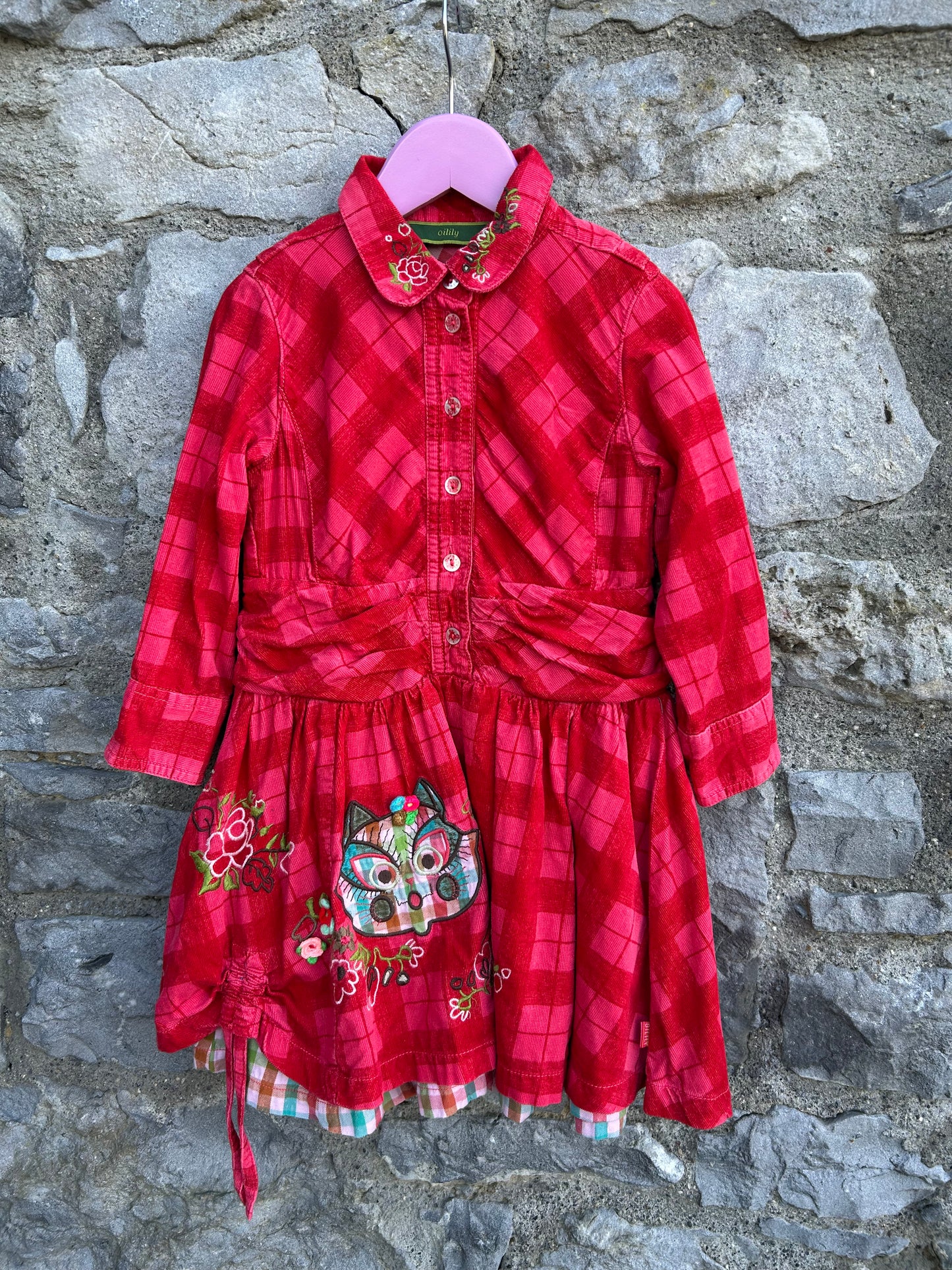 Pink&red check cord dress 4y (104cm)