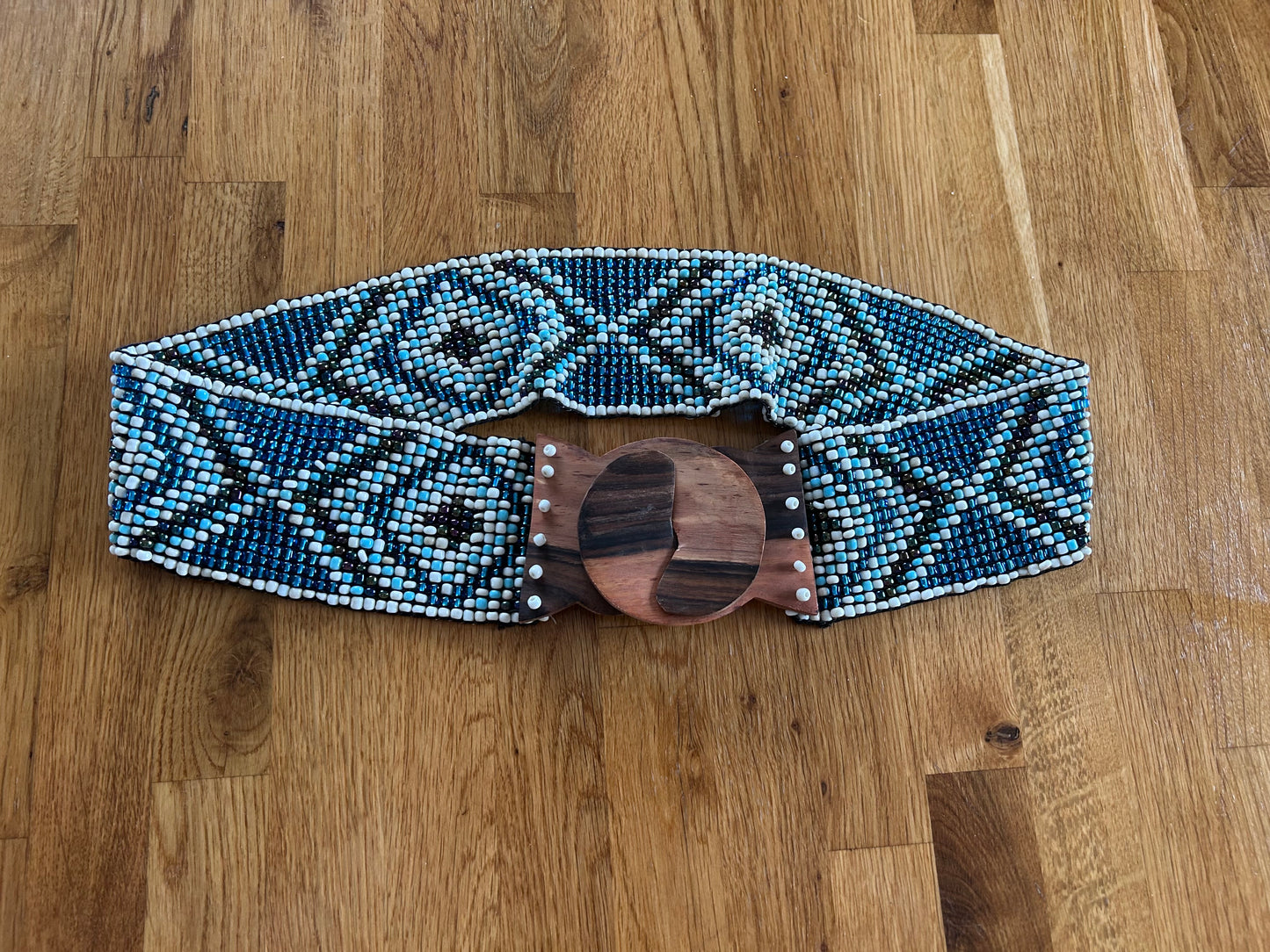 Blue geometric beaded belt