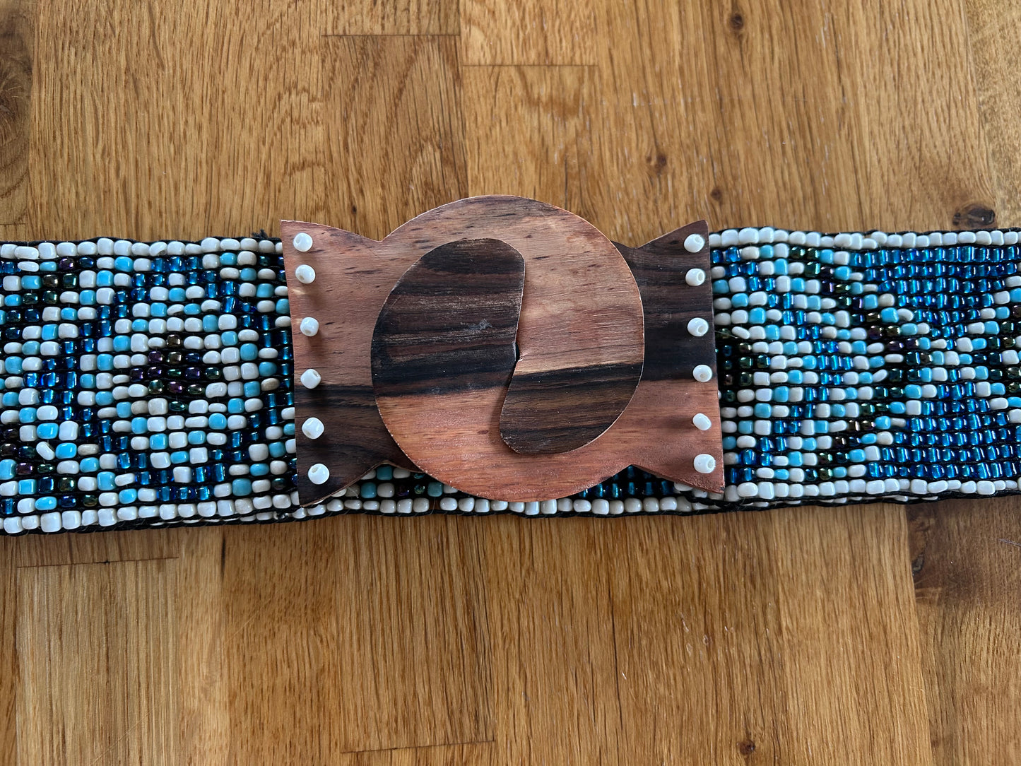 Blue geometric beaded belt