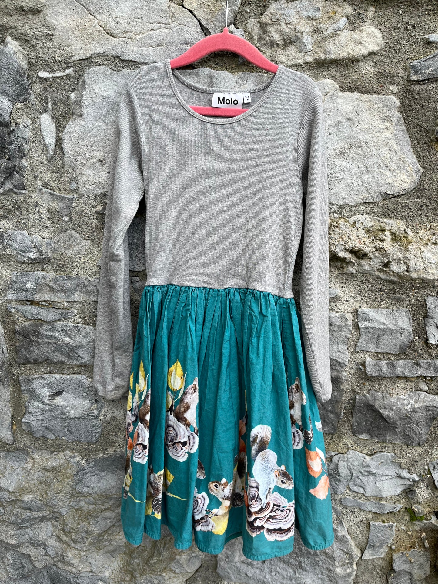 Squirrels grey&teal dress 9-10y (134-140cm)