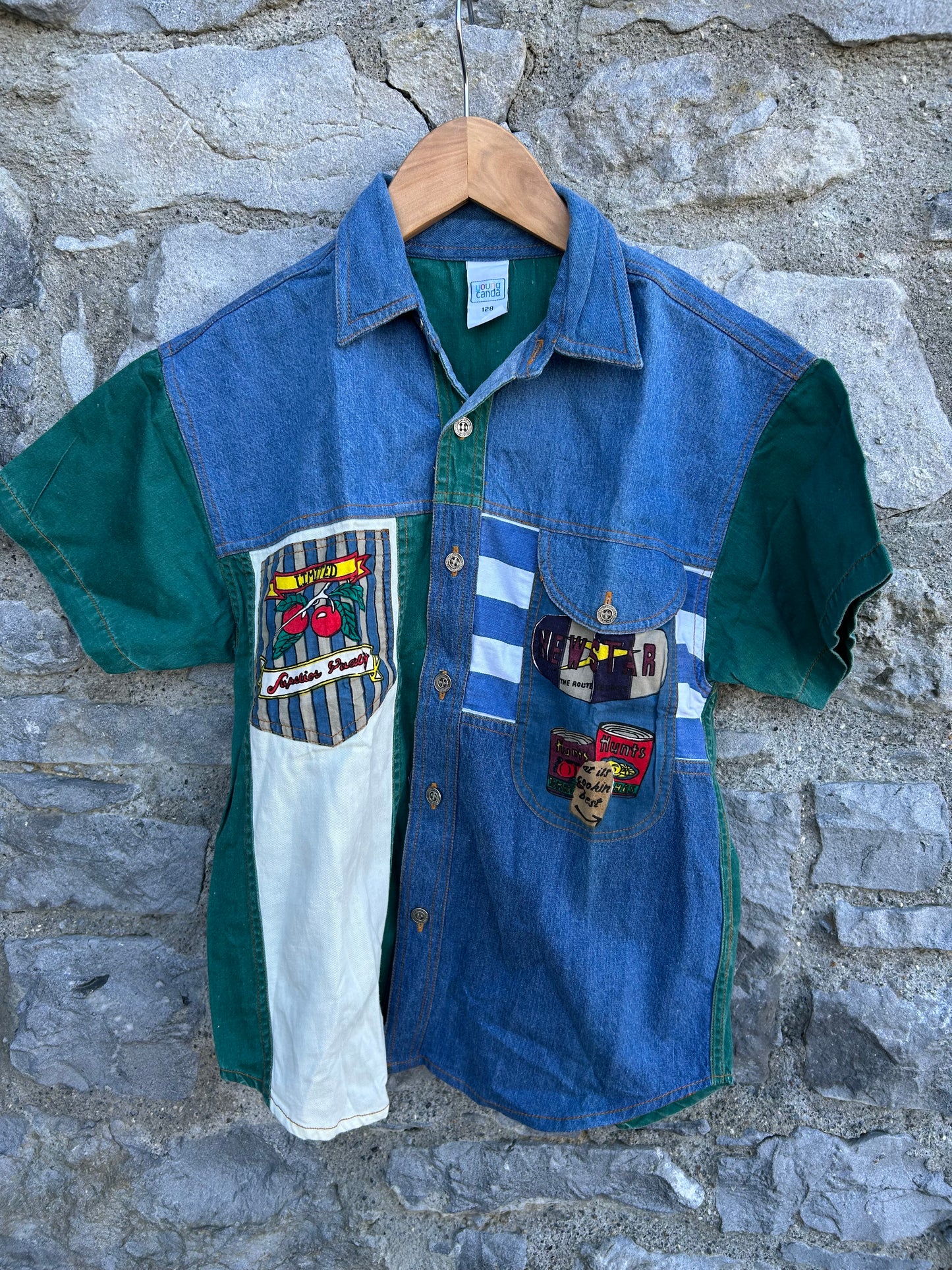 80s green&blue denim shirt 8y (128cm)