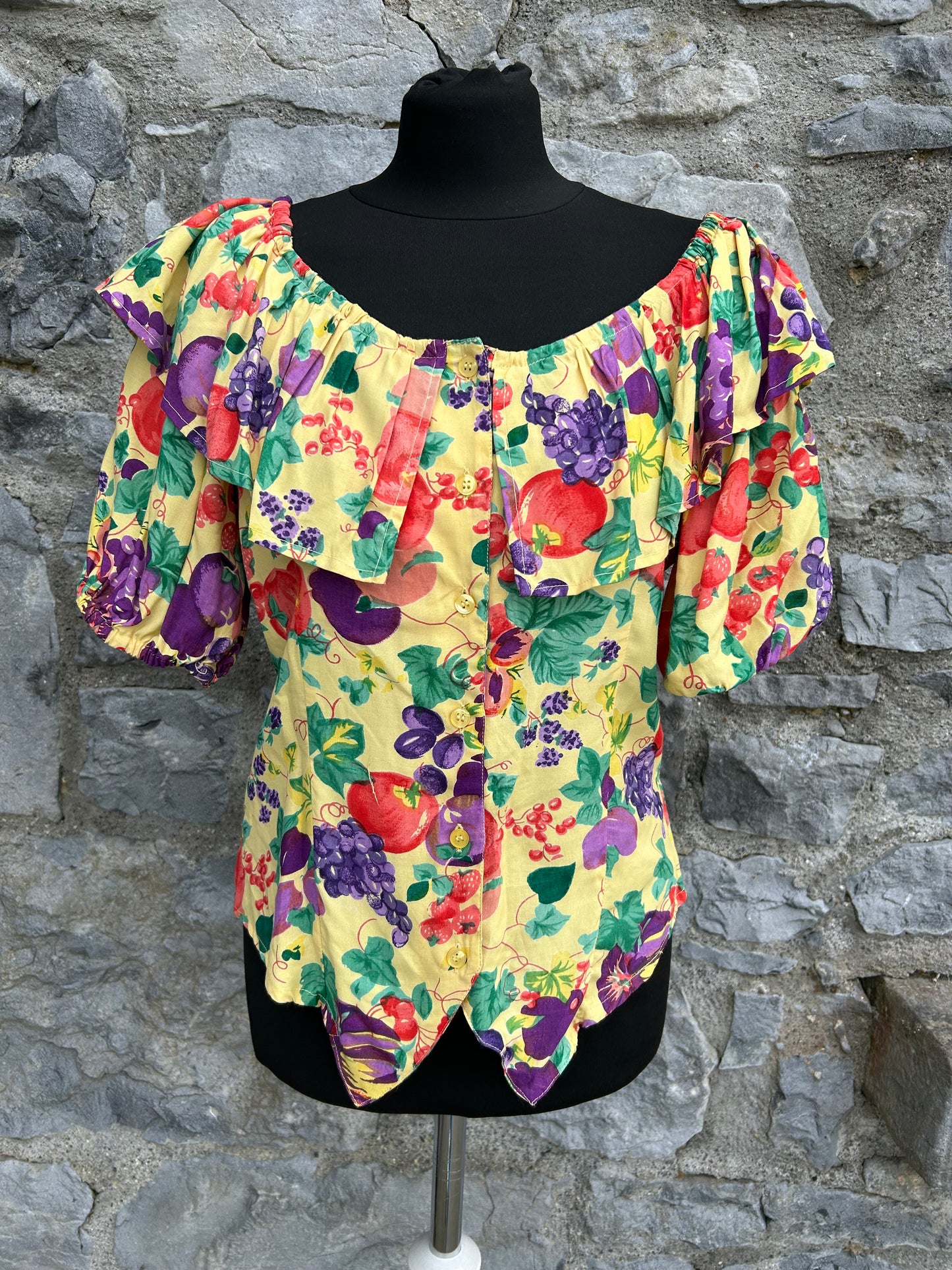 80s yellow fruit blouse uk 10