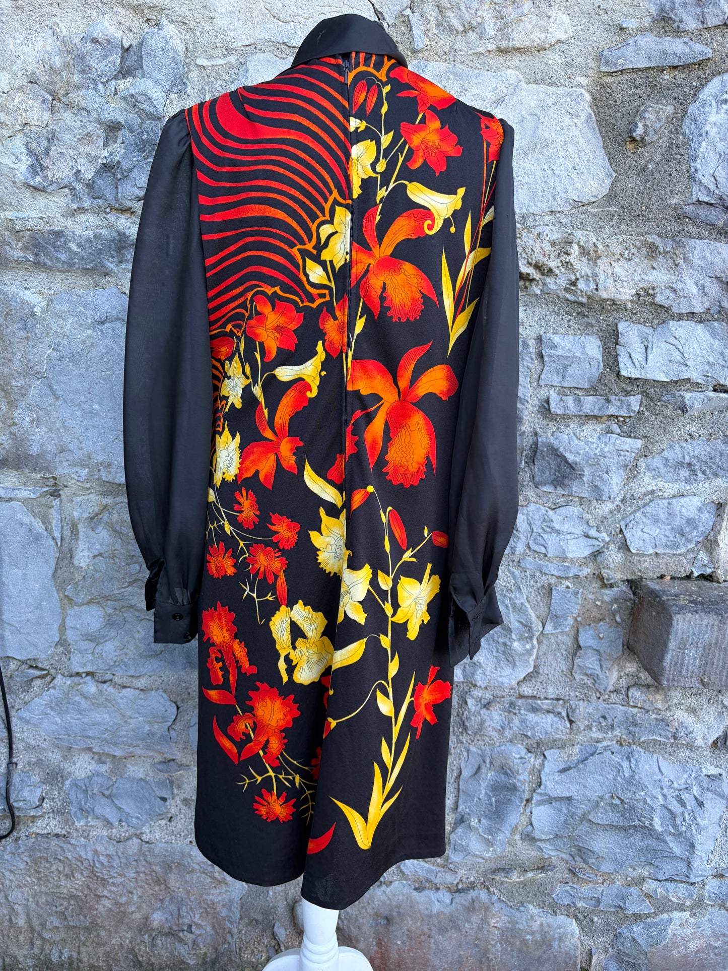 80s red&yellow floral black dress uk 12