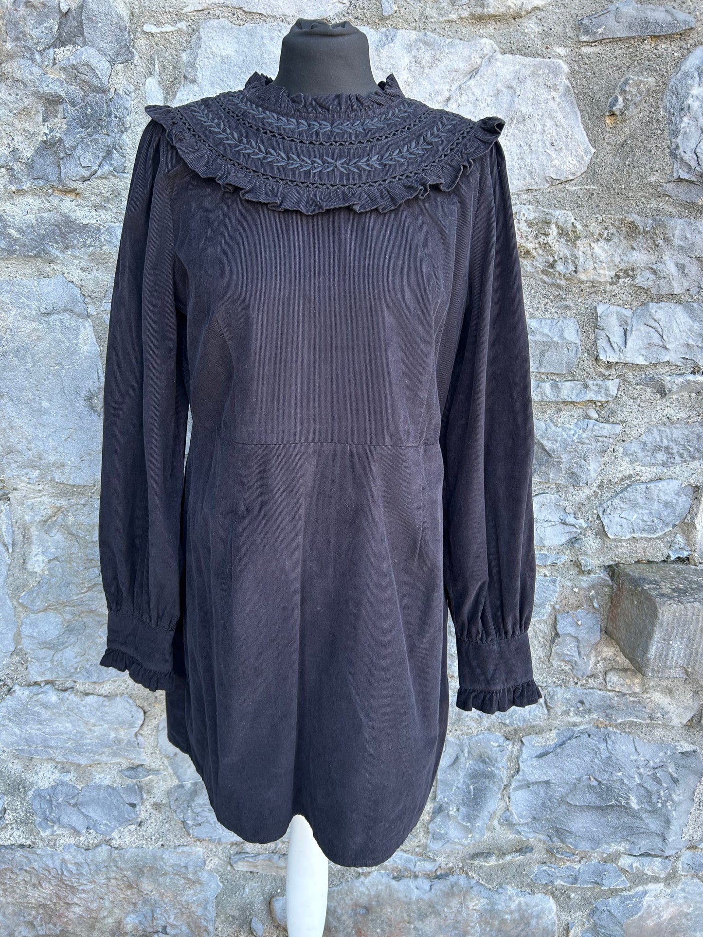 Black Cord Embroidered Frill Collar Georgiana Mini Dress uk 12