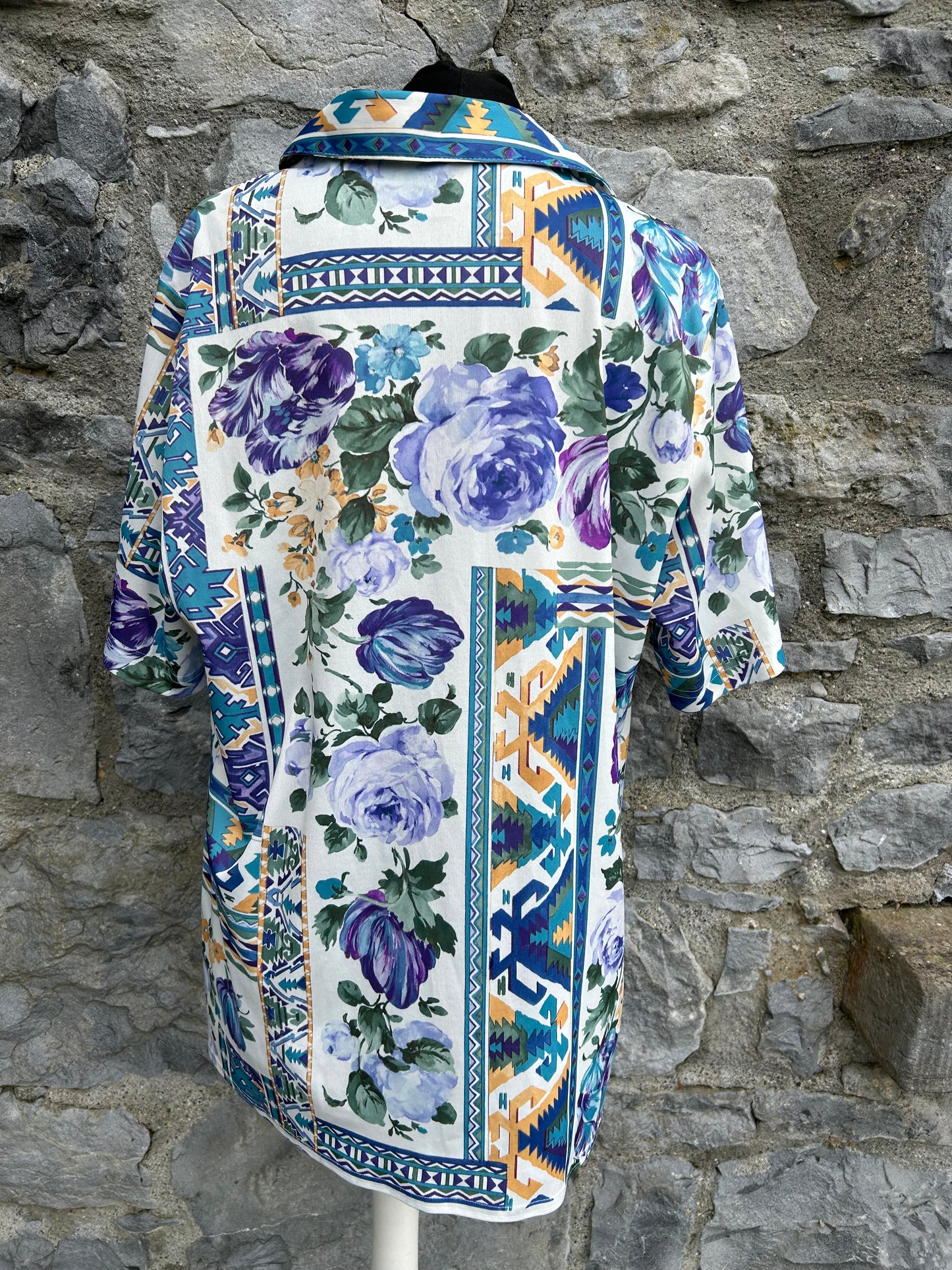80s purple&blue flowers patchwork shirt uk 14-16