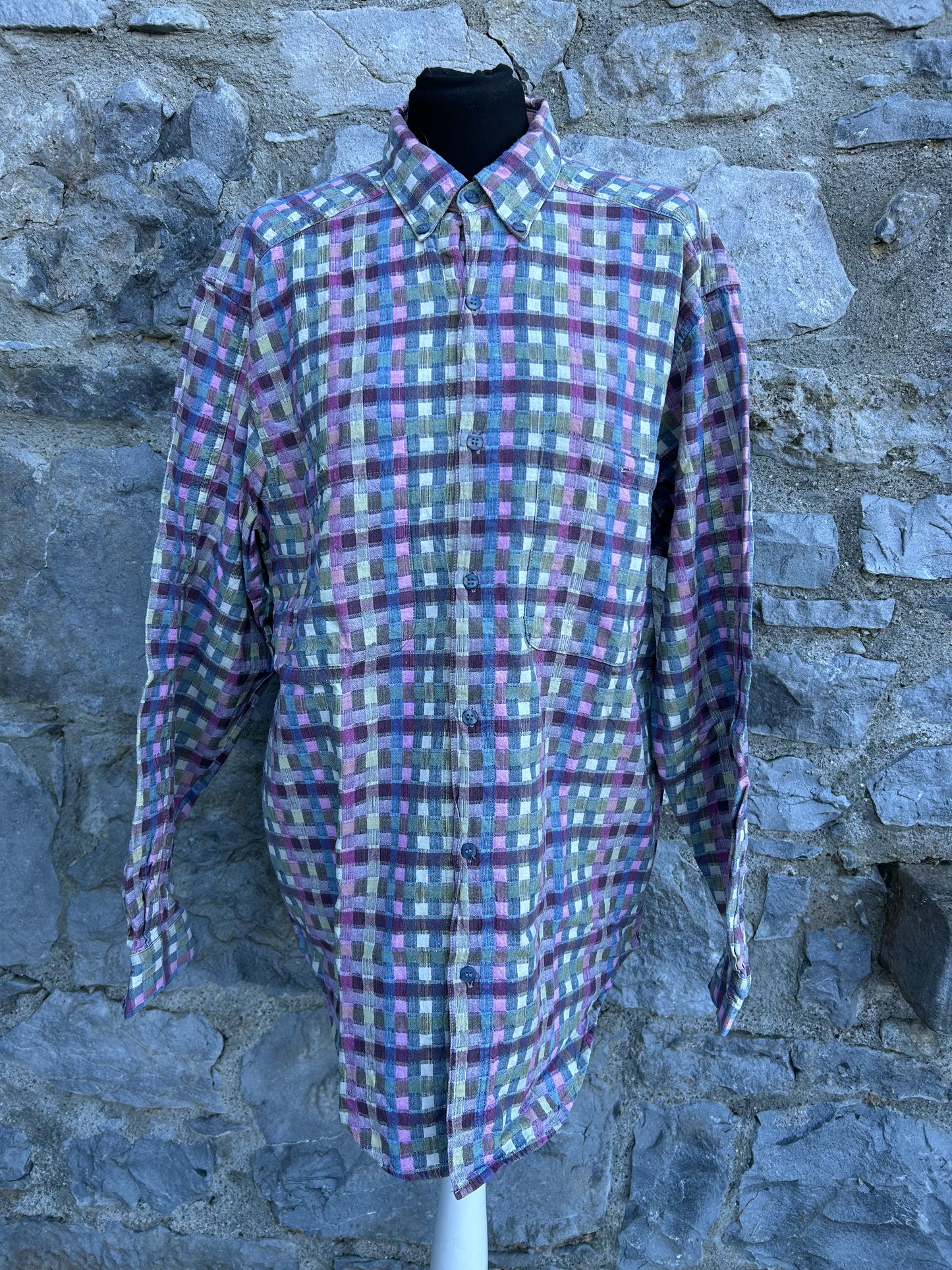 90s pink&green check shirt Medium