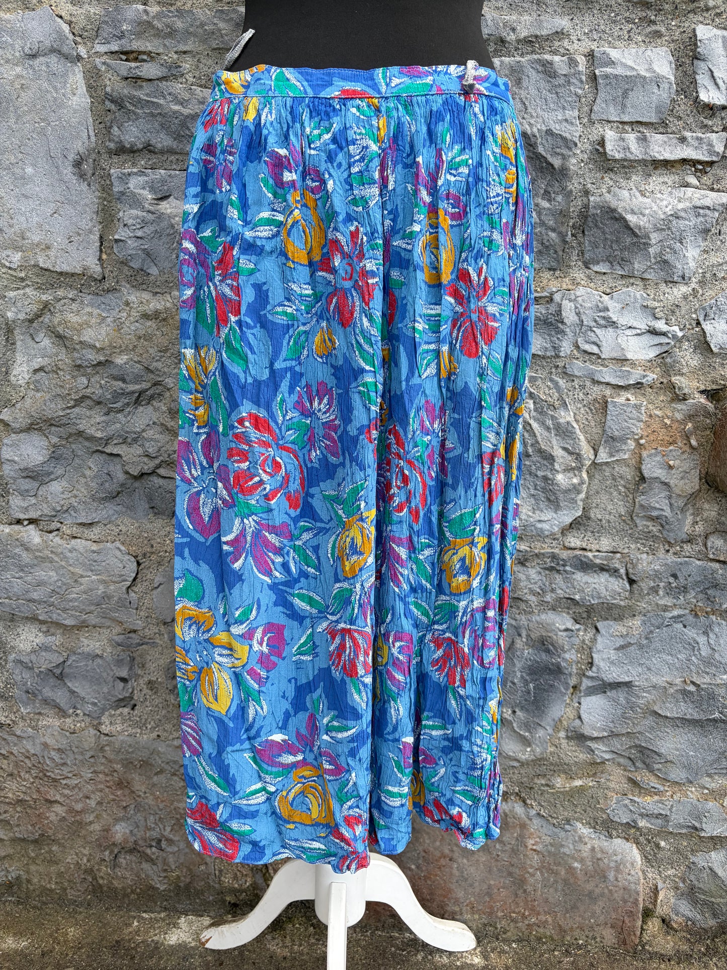 80s blue wrinkled floral skirt uk 12