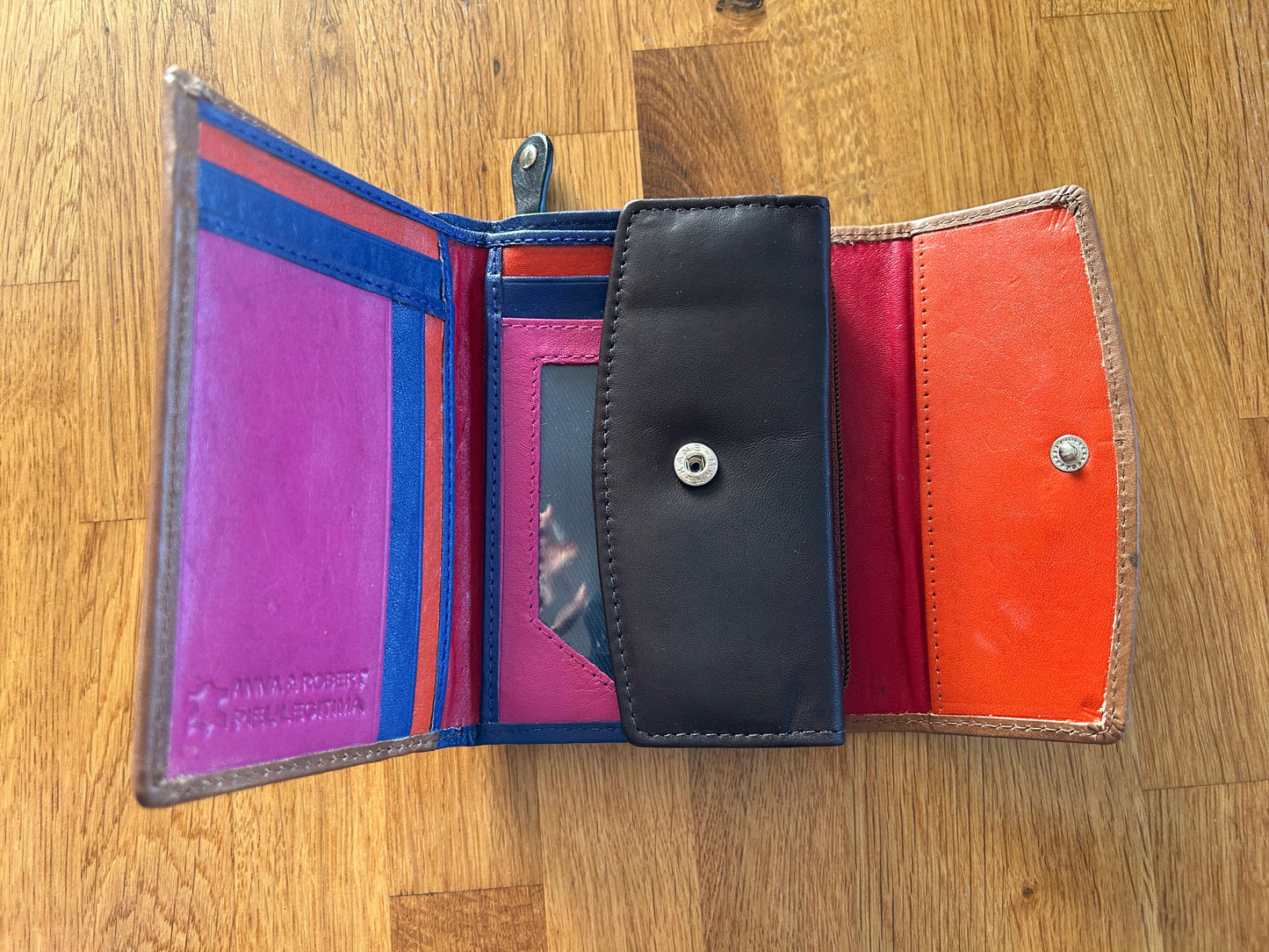 Brown & inside colourful wallet