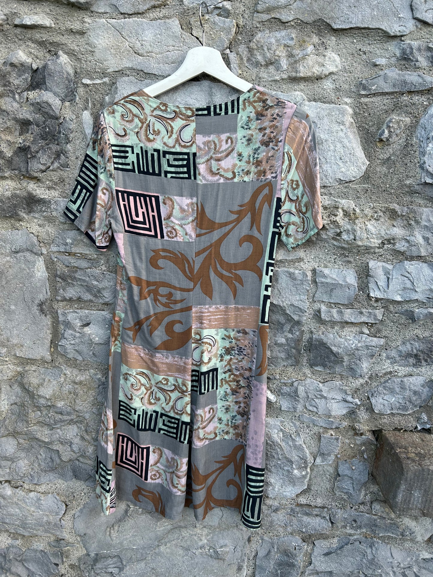 80s beige abstract patchwork dress uk 4-6