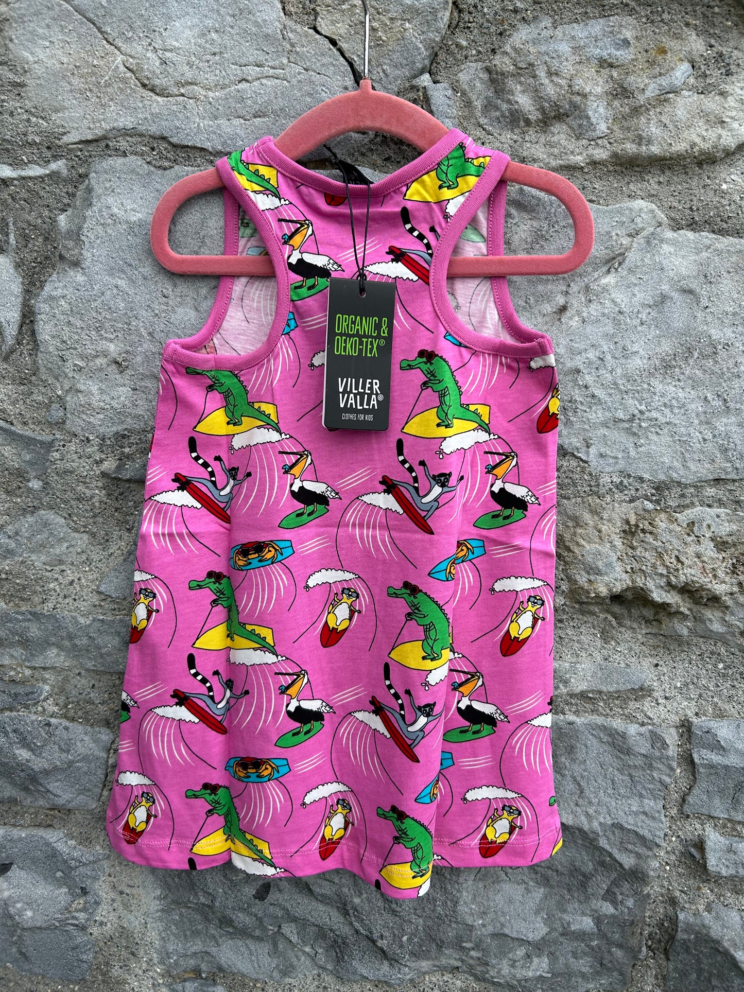 Surfing animals pink dress 2y (92cm)
