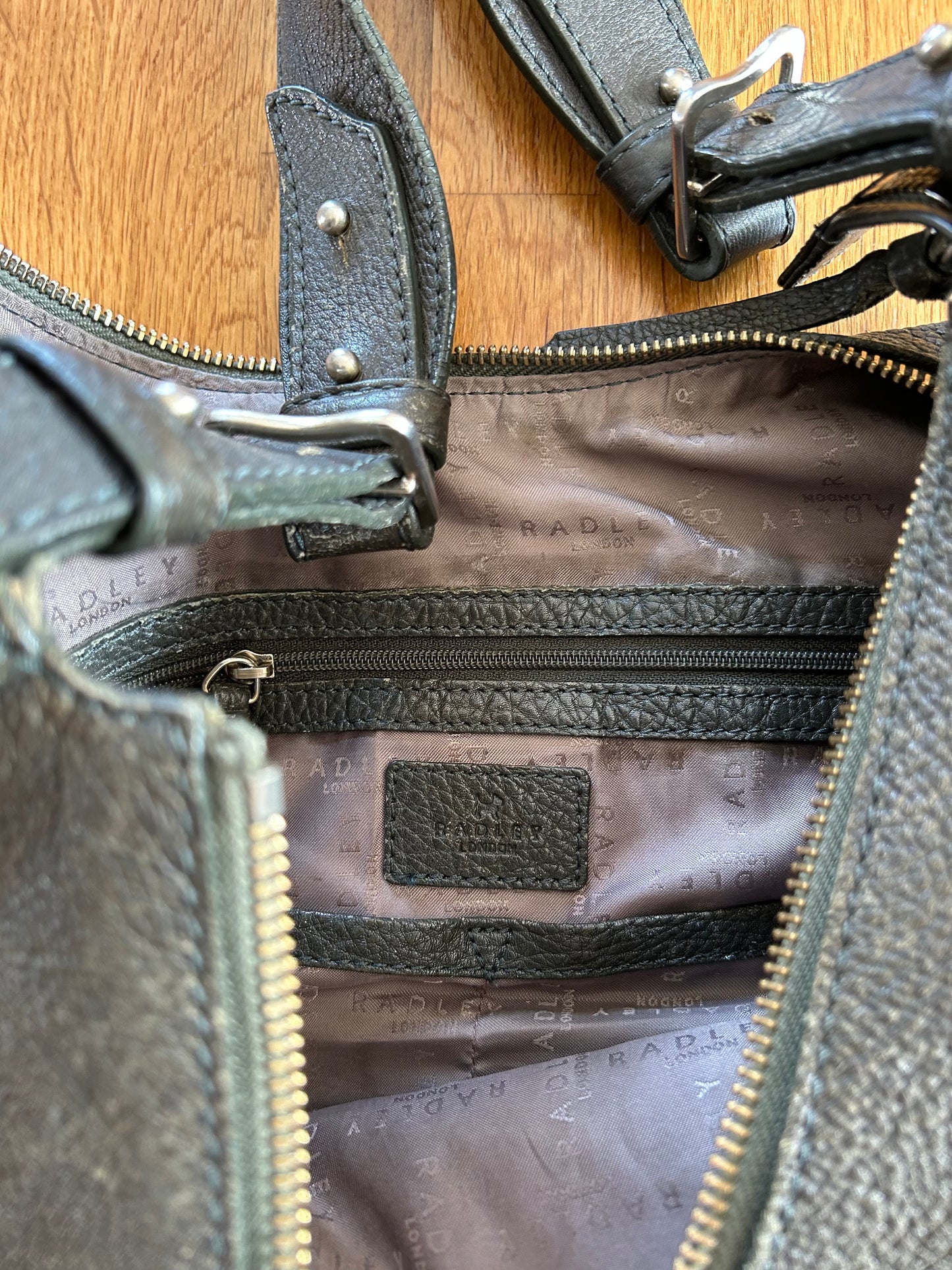 Grey leather handbag