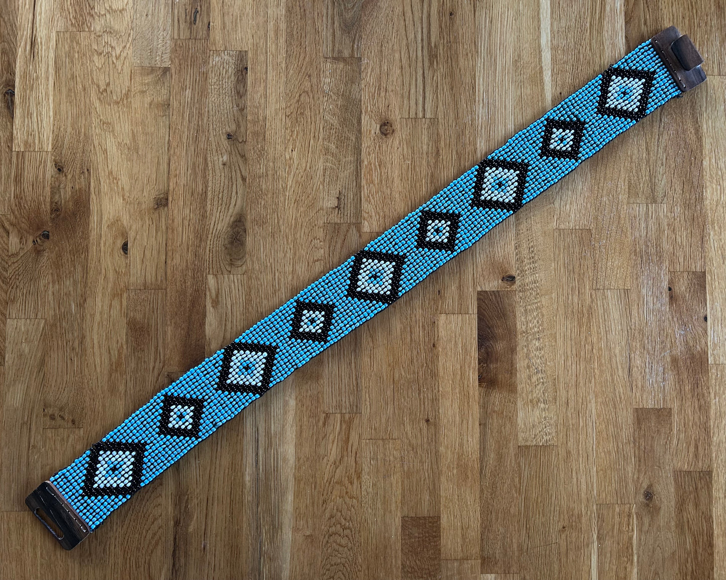 Blue geometric beaded belt