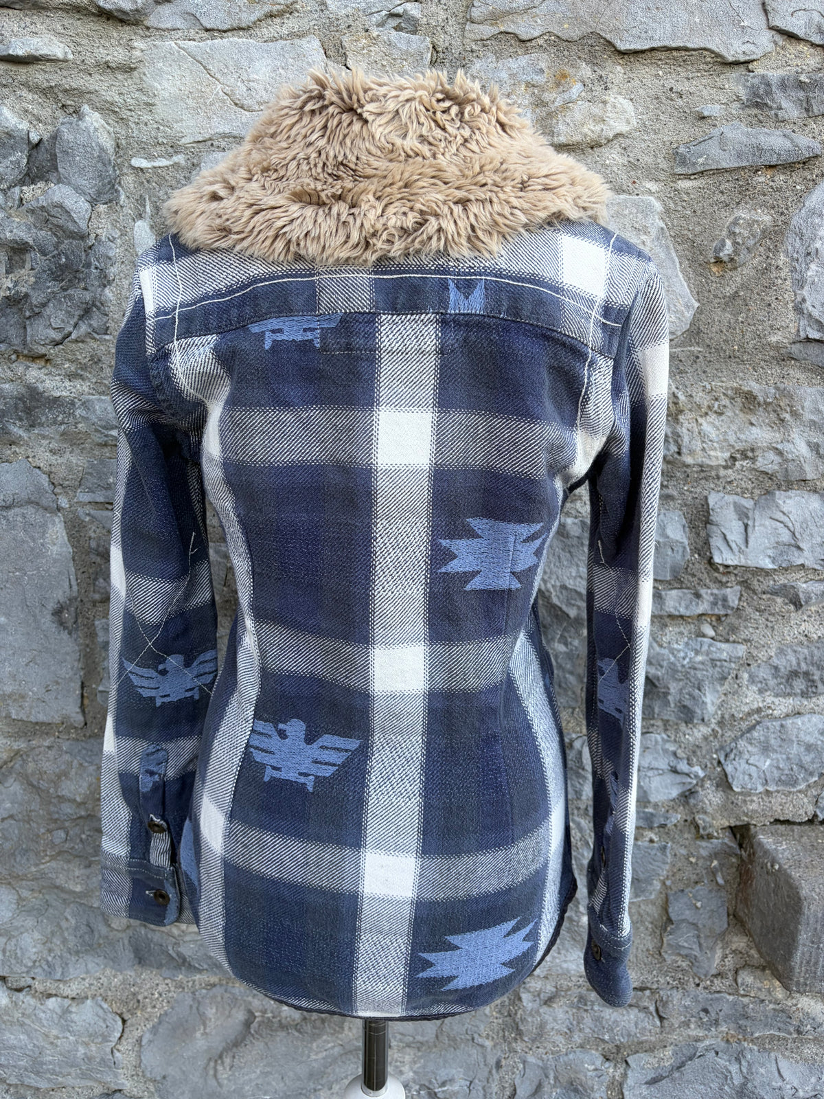Y2K Aztec print furry collar navy blazer uk 6-8