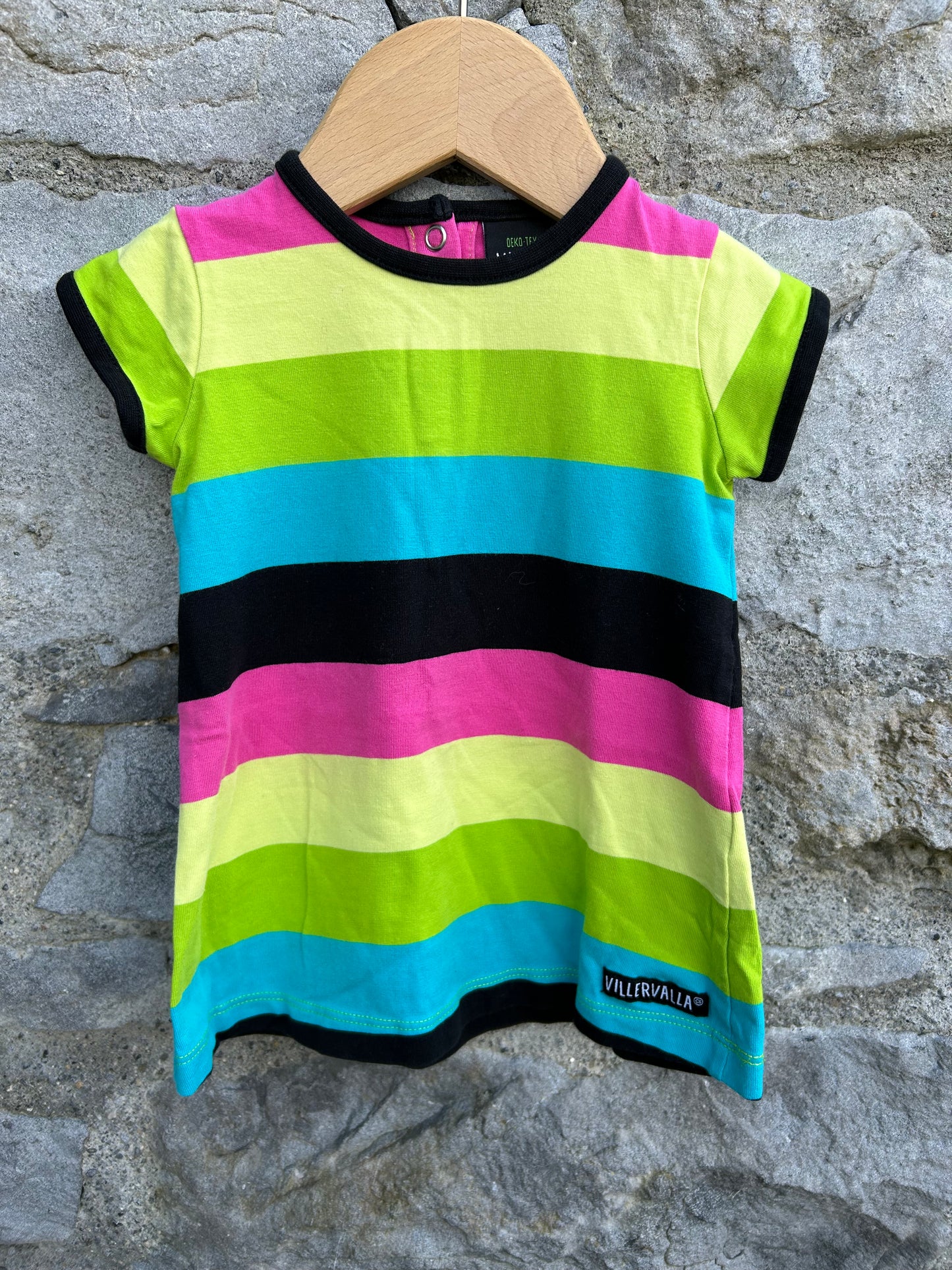 Green&pink stripy dress 6m (68cm)