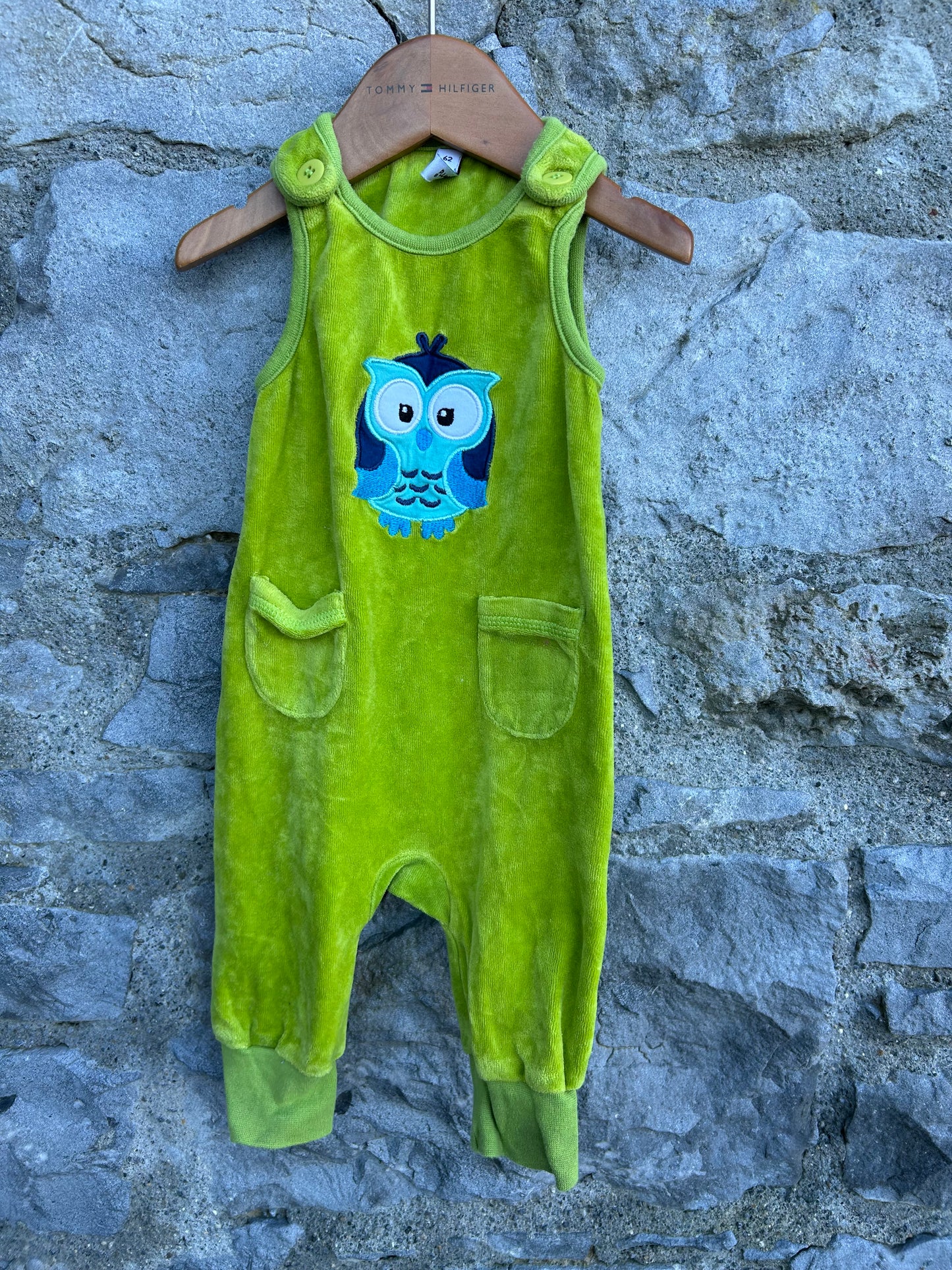 Owl lime green velour dungarees 3m (62cm)