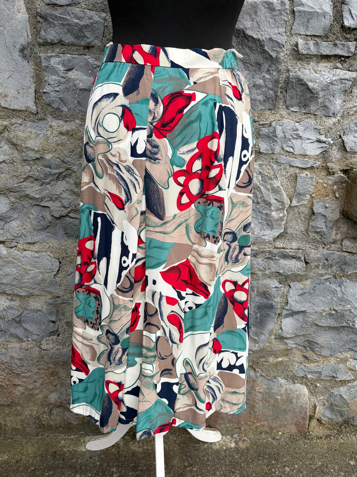 80s teal&grey abstract button up skirt uk 8-10