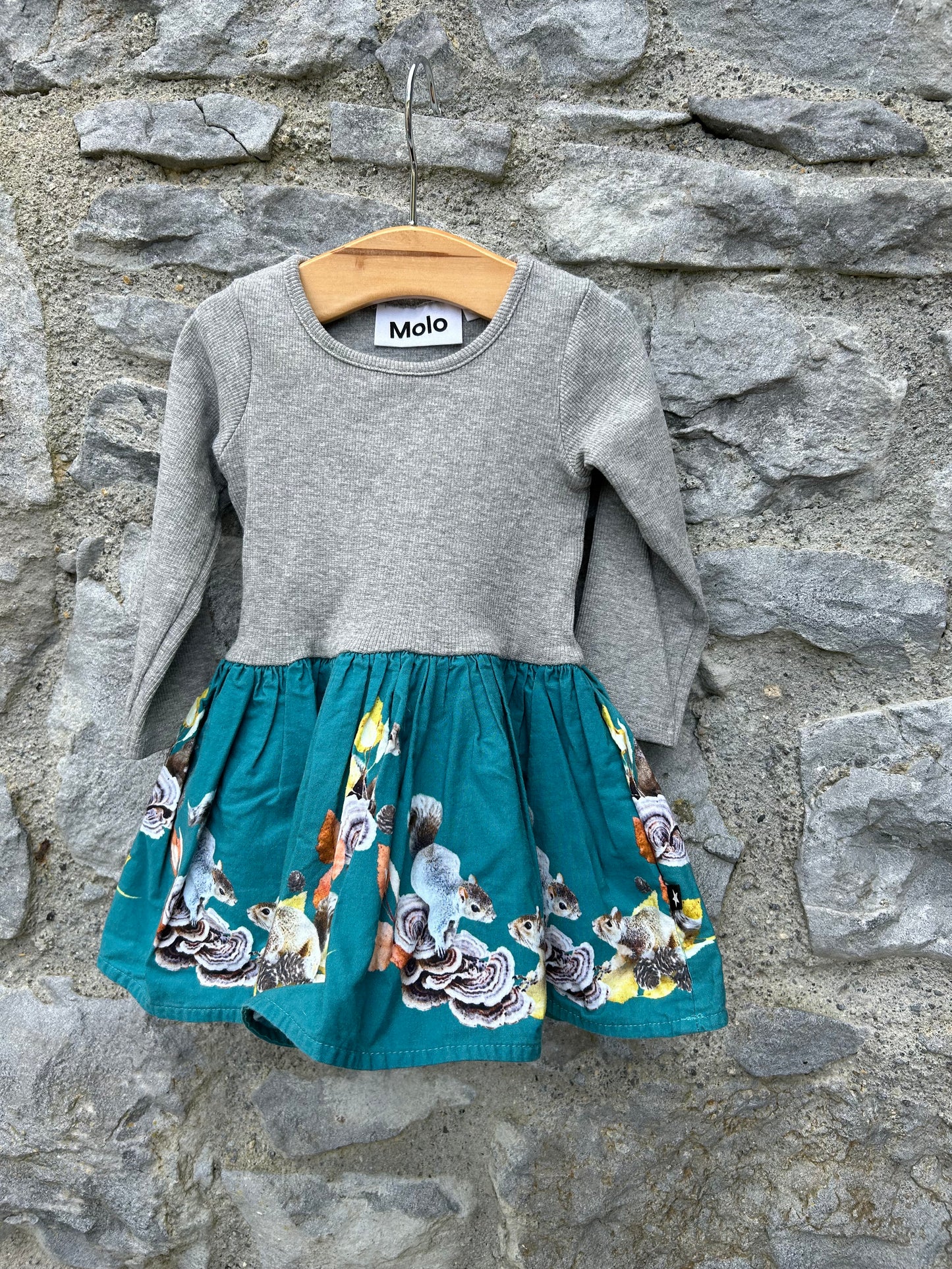 Squirrels teal&grey dress 6m (68cm)