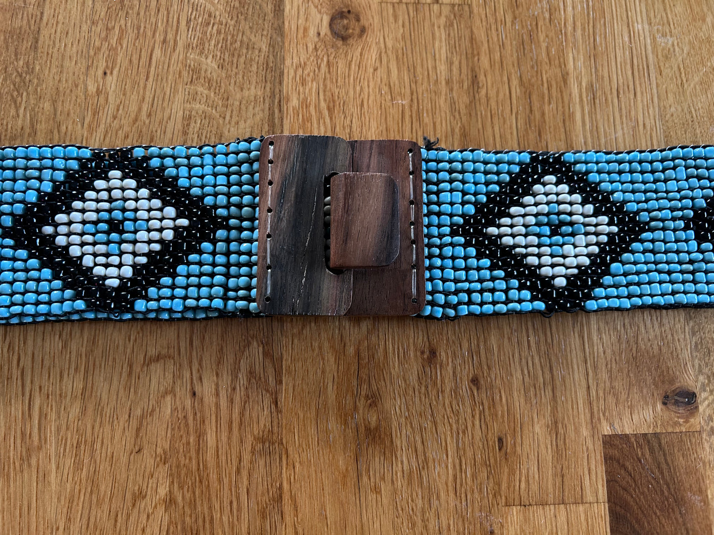 Blue geometric beaded belt