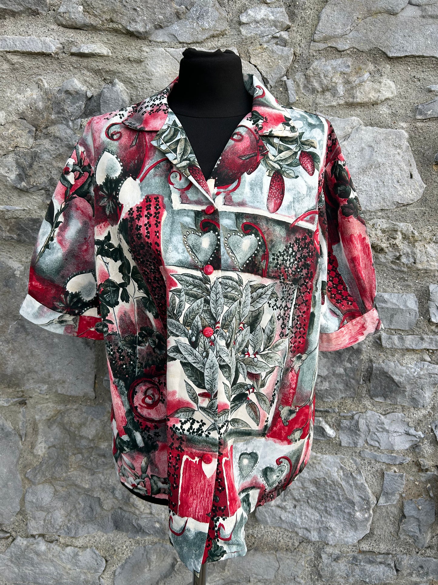 90s Red&grey patchwork blouse uk 12-14