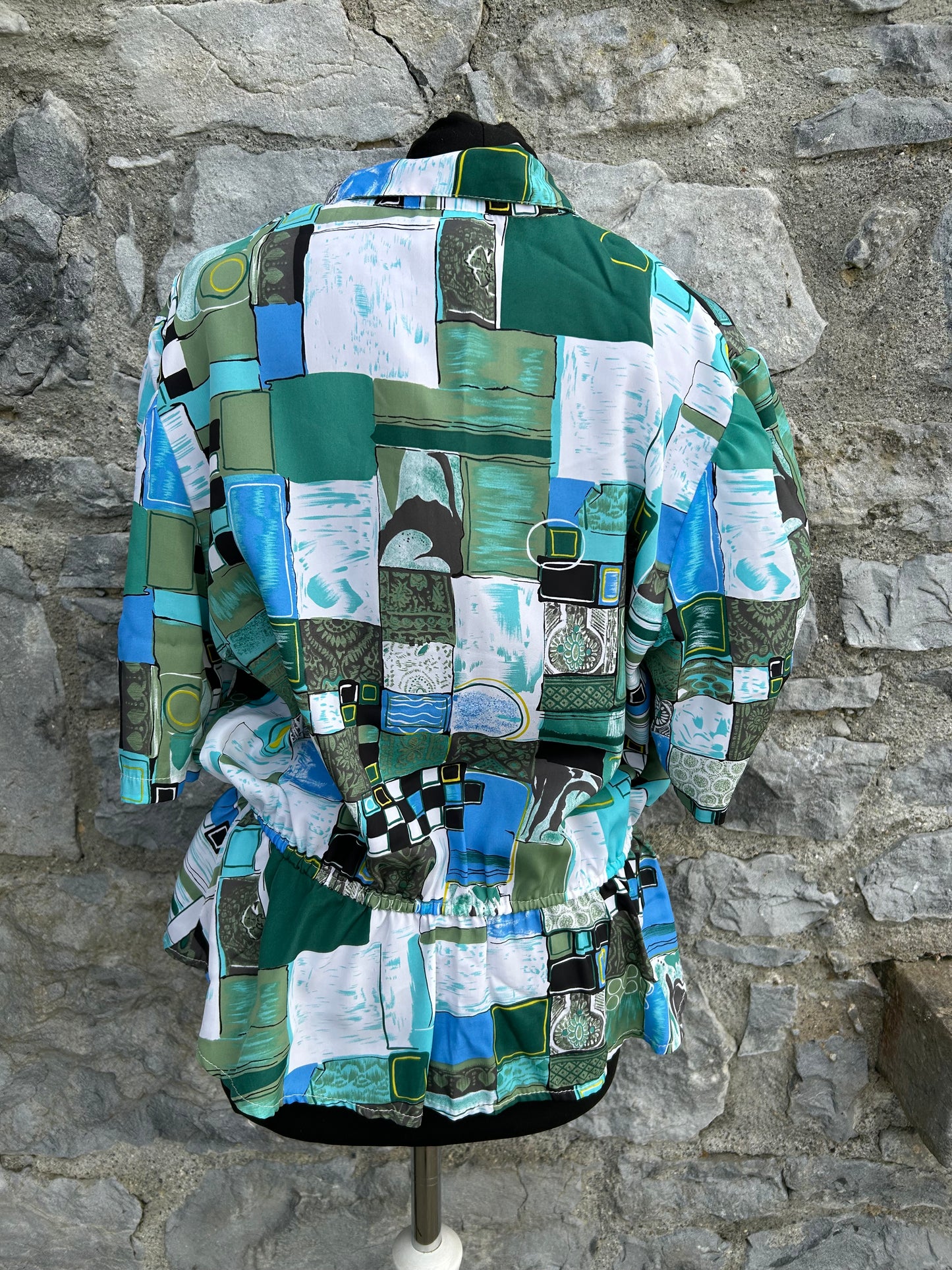 80s green&blue patchwork blouse uk 12-14
