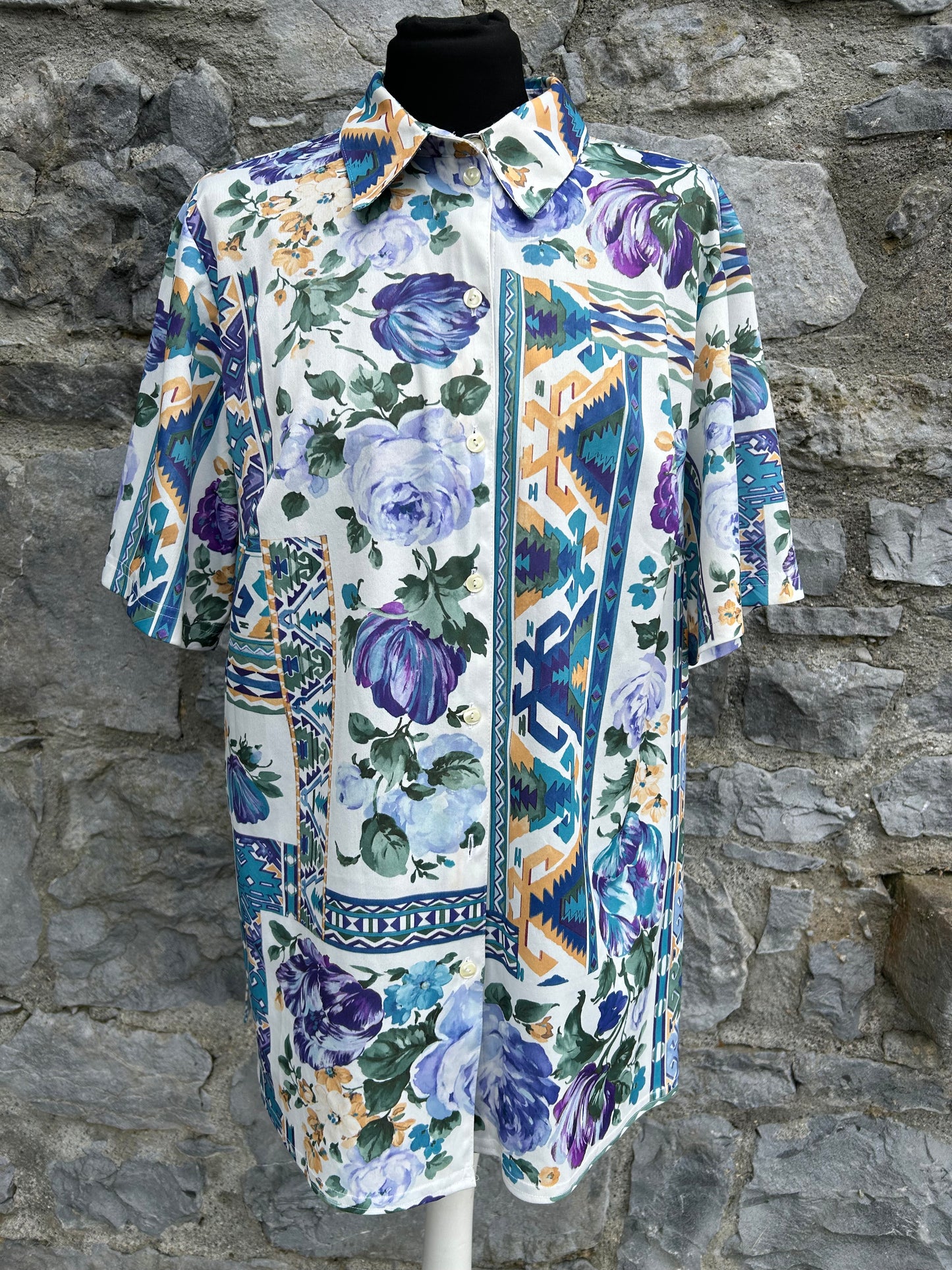80s purple&blue flowers patchwork shirt uk 14-16