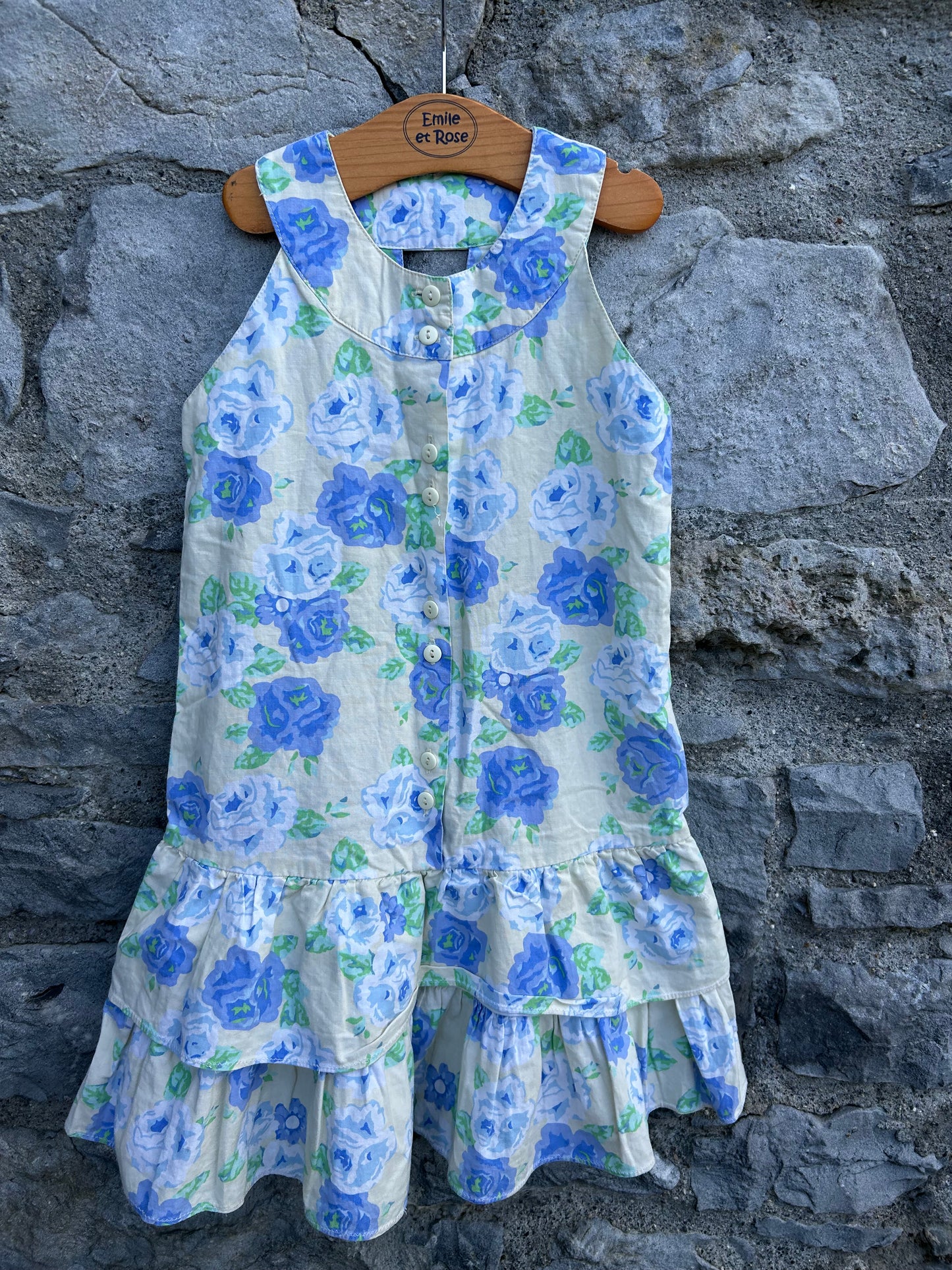 90s blue flowers beige dress 6-7y (116-122cm)