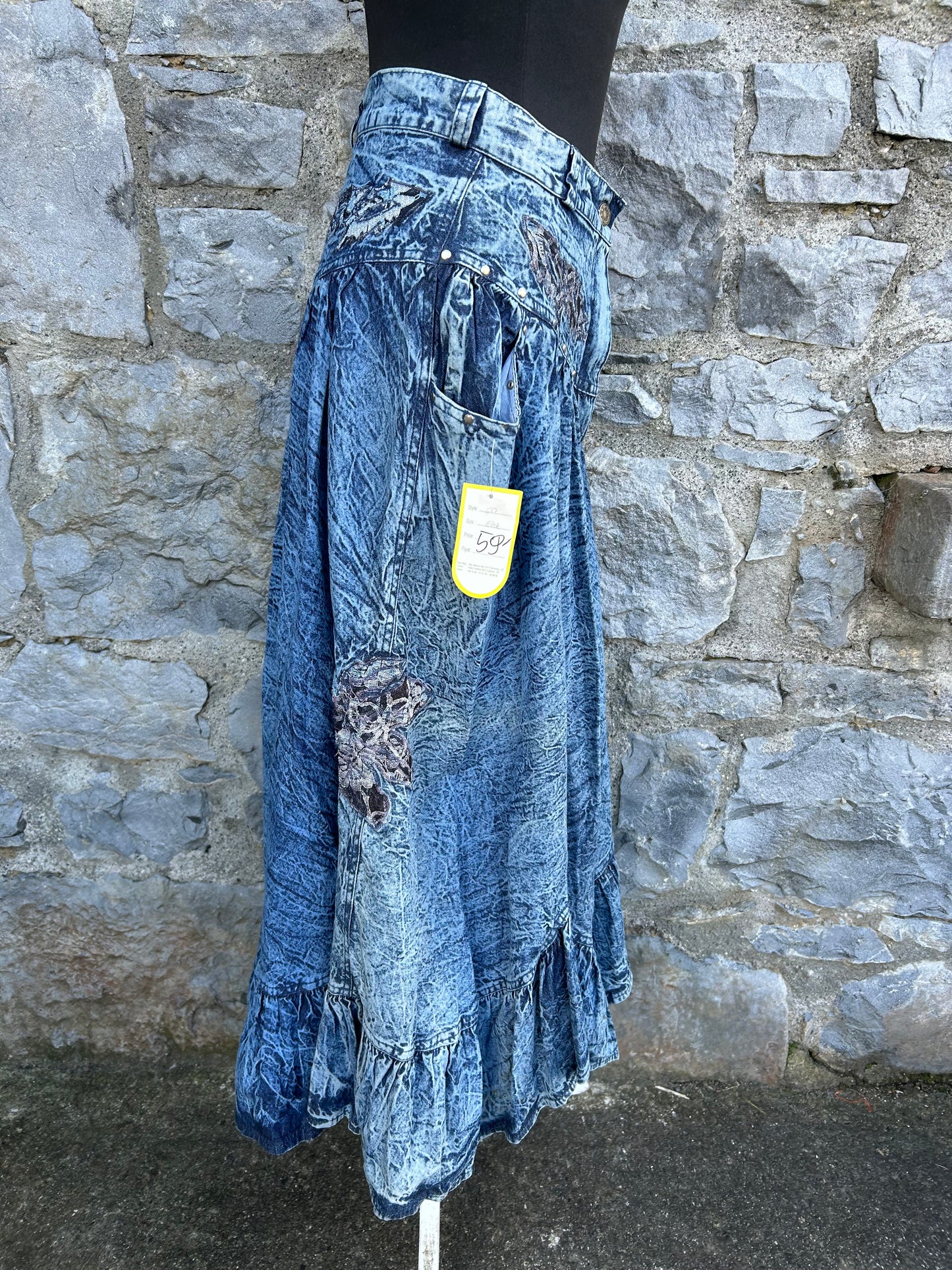 80s acid wash denim midi skirt uk 8-10
