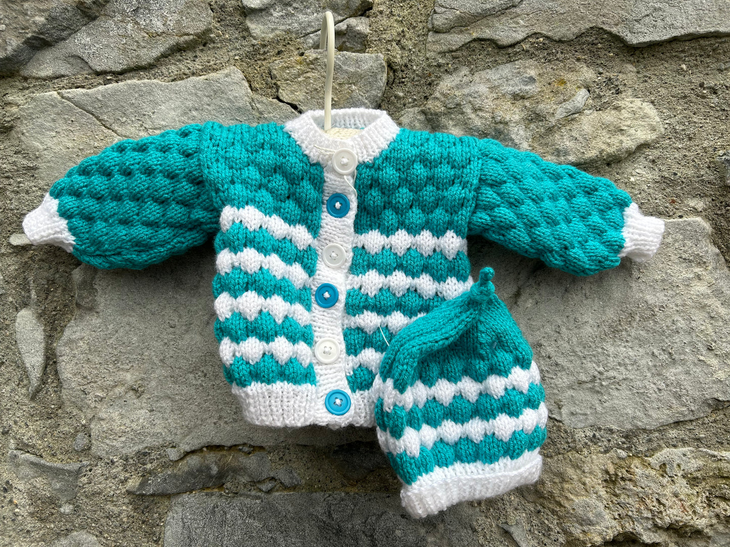 Bubble knit turquoise cardigan&hat Newborn (50-56cm)