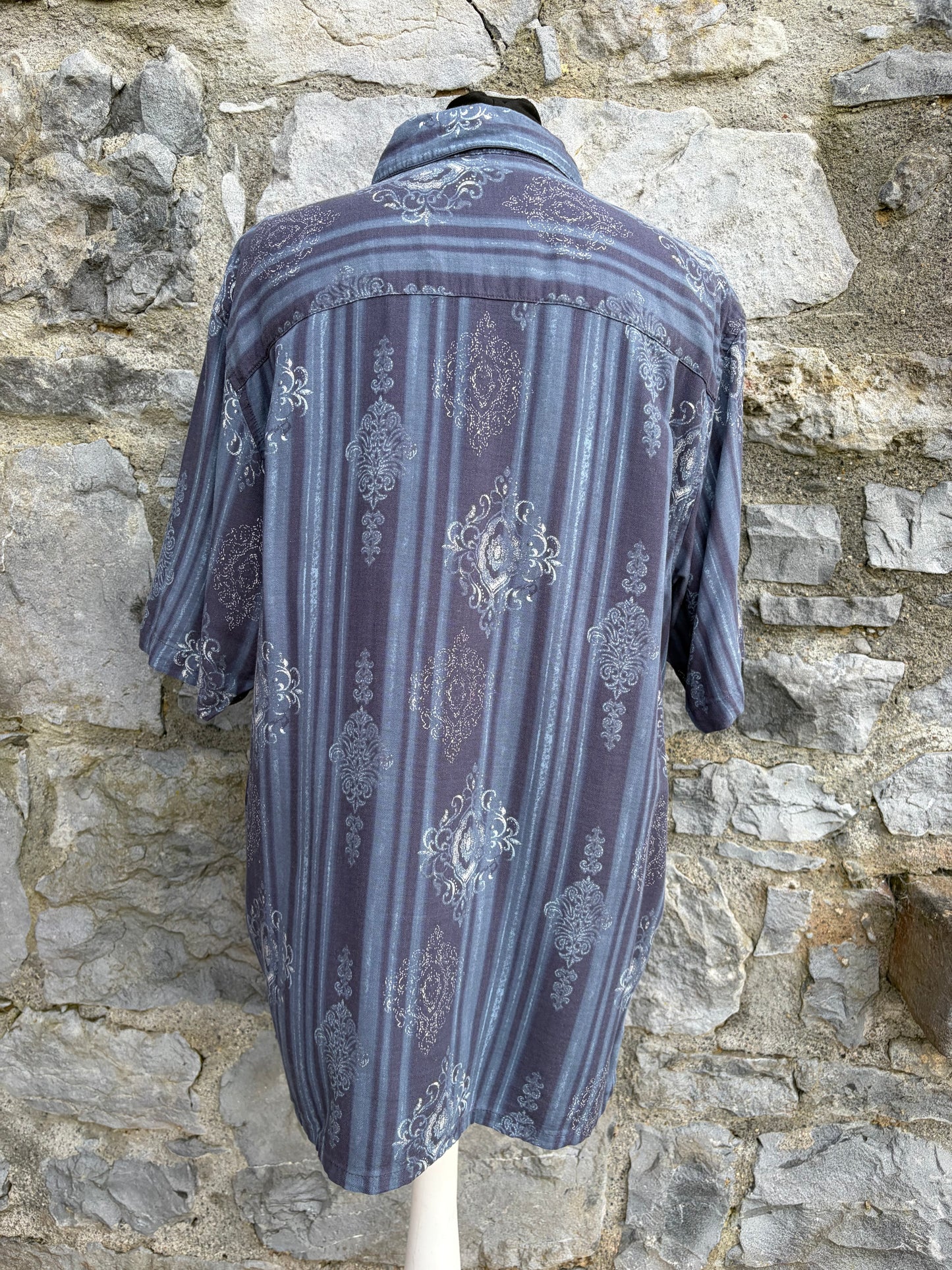 80s grey damask-style print overlaid shirt Large