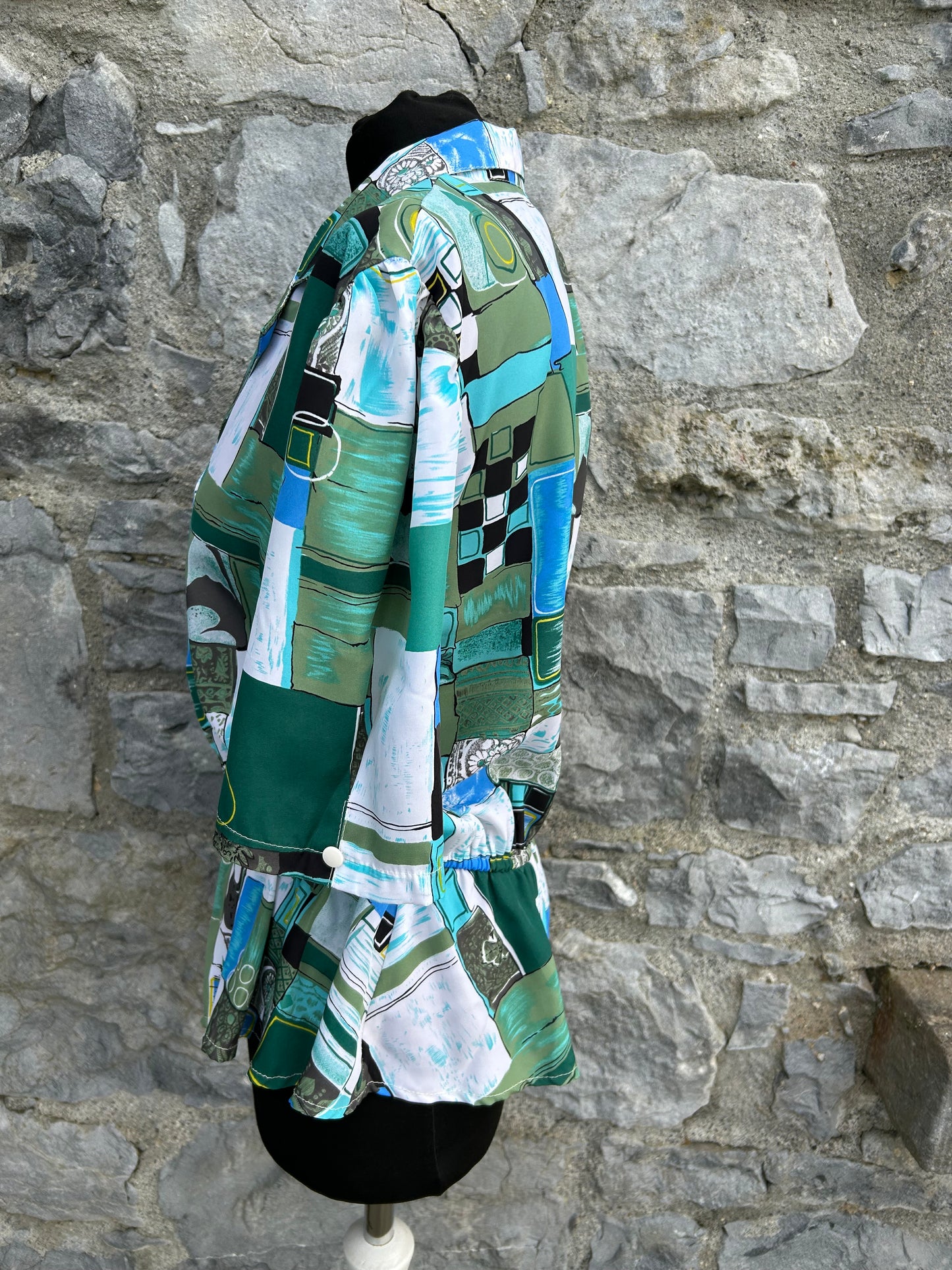 80s green&blue patchwork blouse uk 12-14