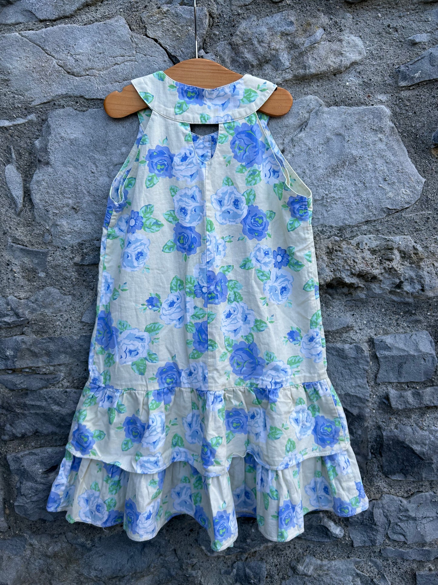 90s blue flowers beige dress 6-7y (116-122cm)