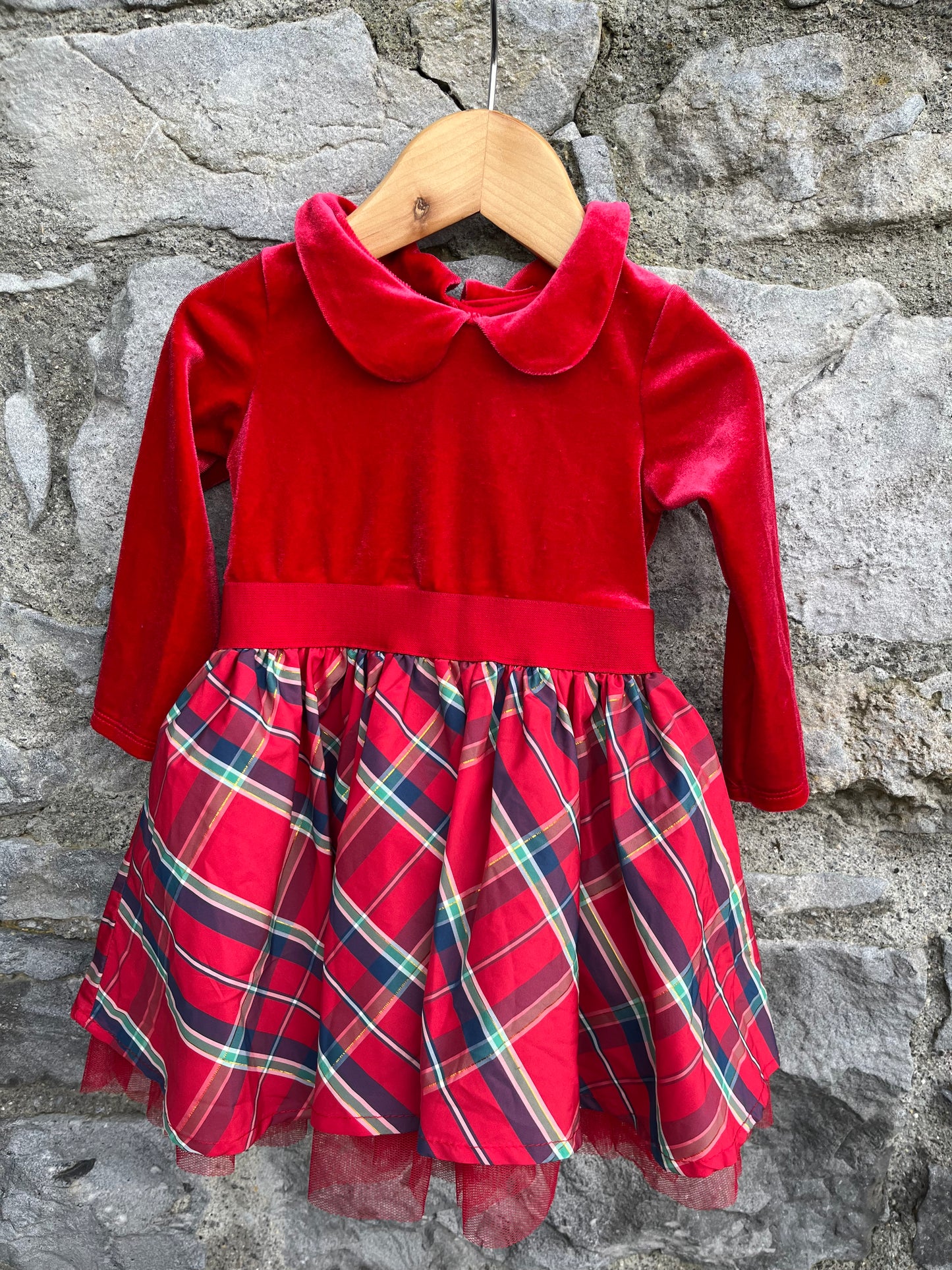 Red velvet&tartan dress 6-9m (68-74cm)