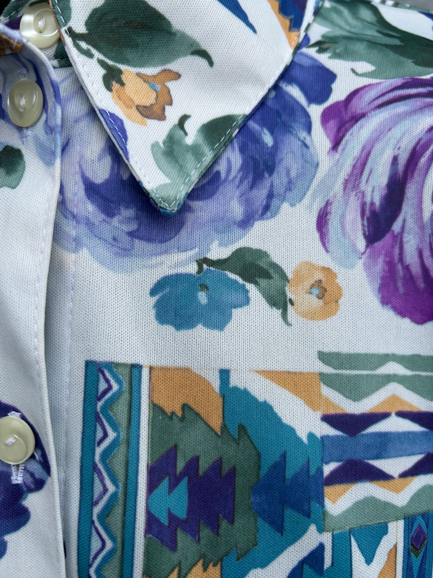 80s purple&blue flowers patchwork shirt uk 14-16