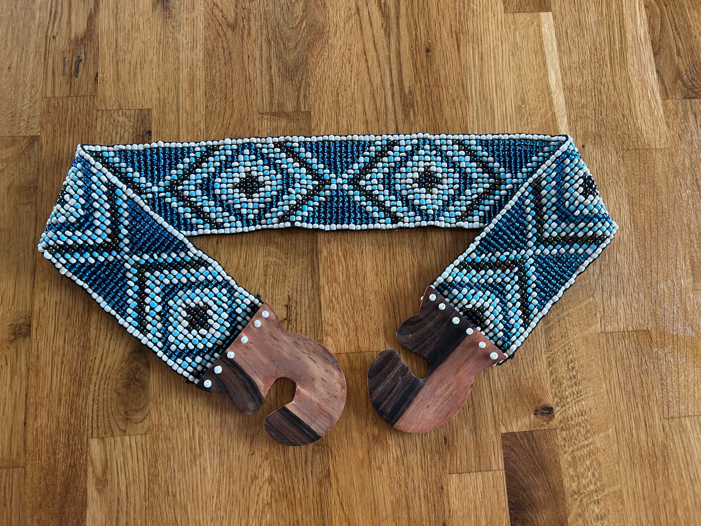Blue geometric beaded belt