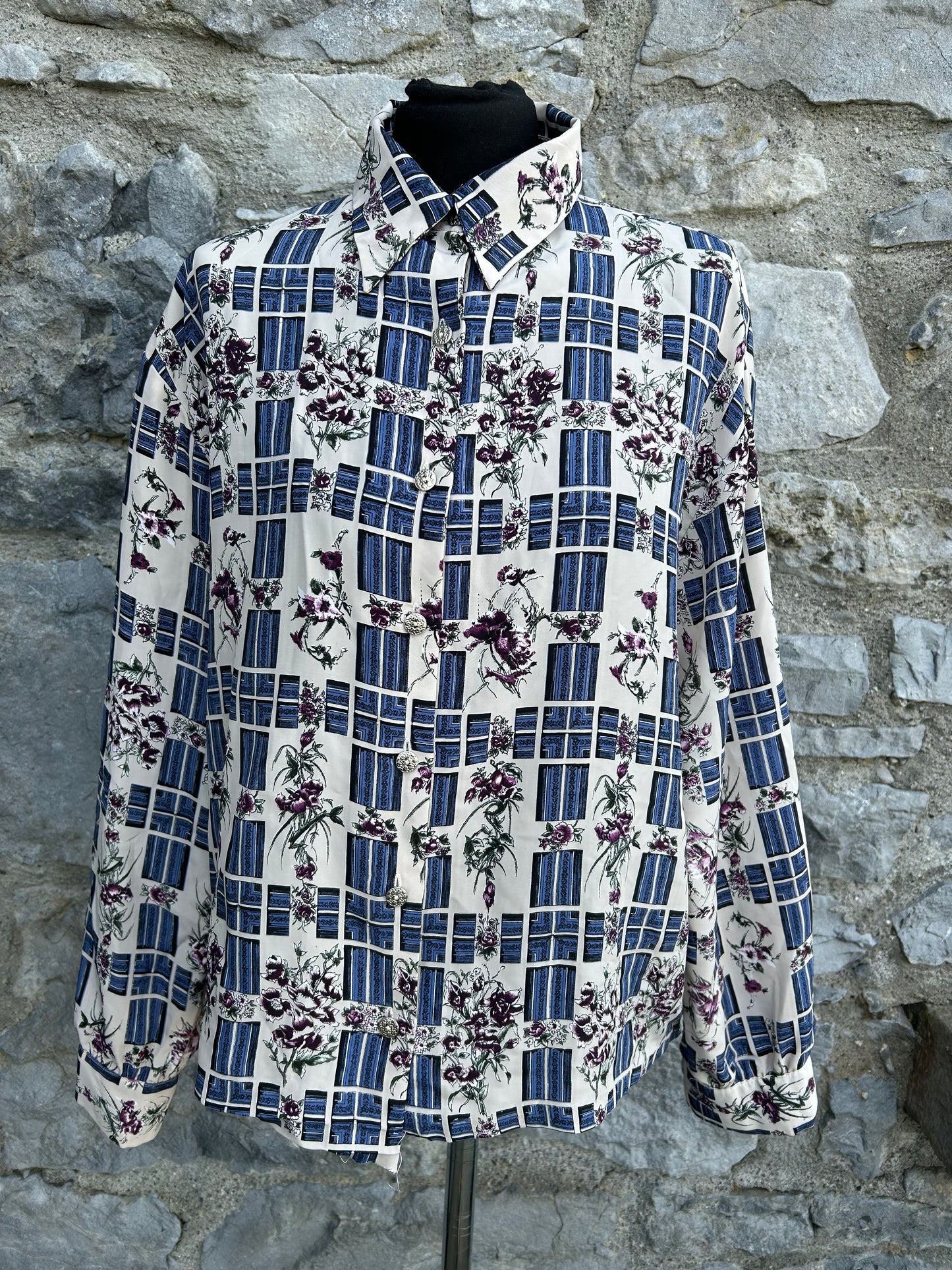 90s blue floral check shirt uk 14