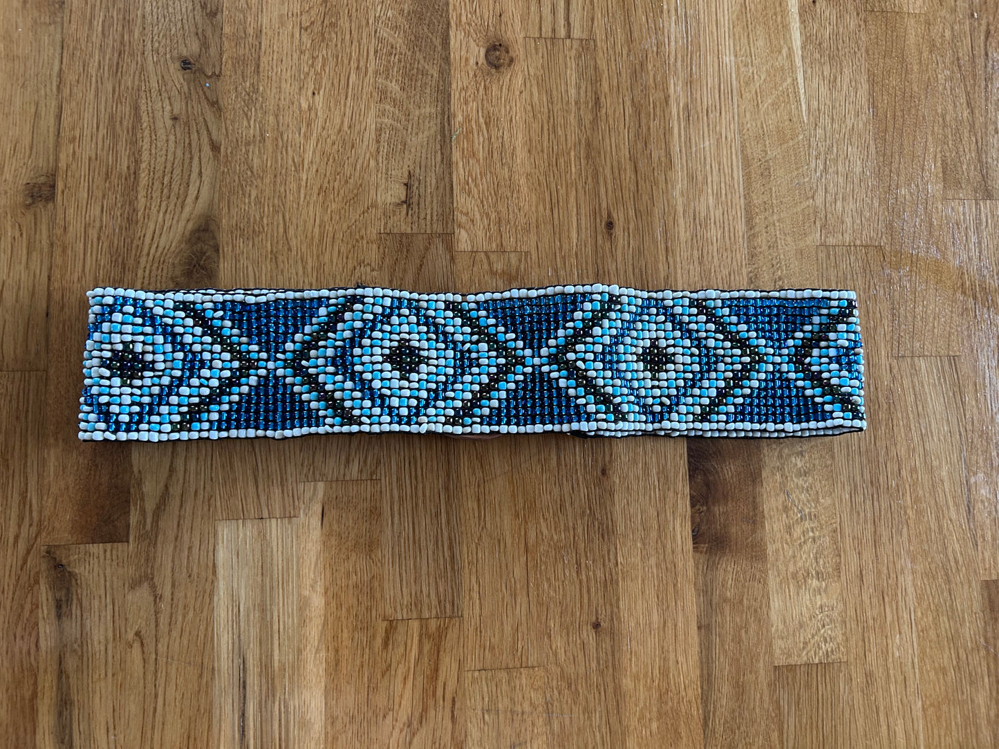 Blue geometric beaded belt