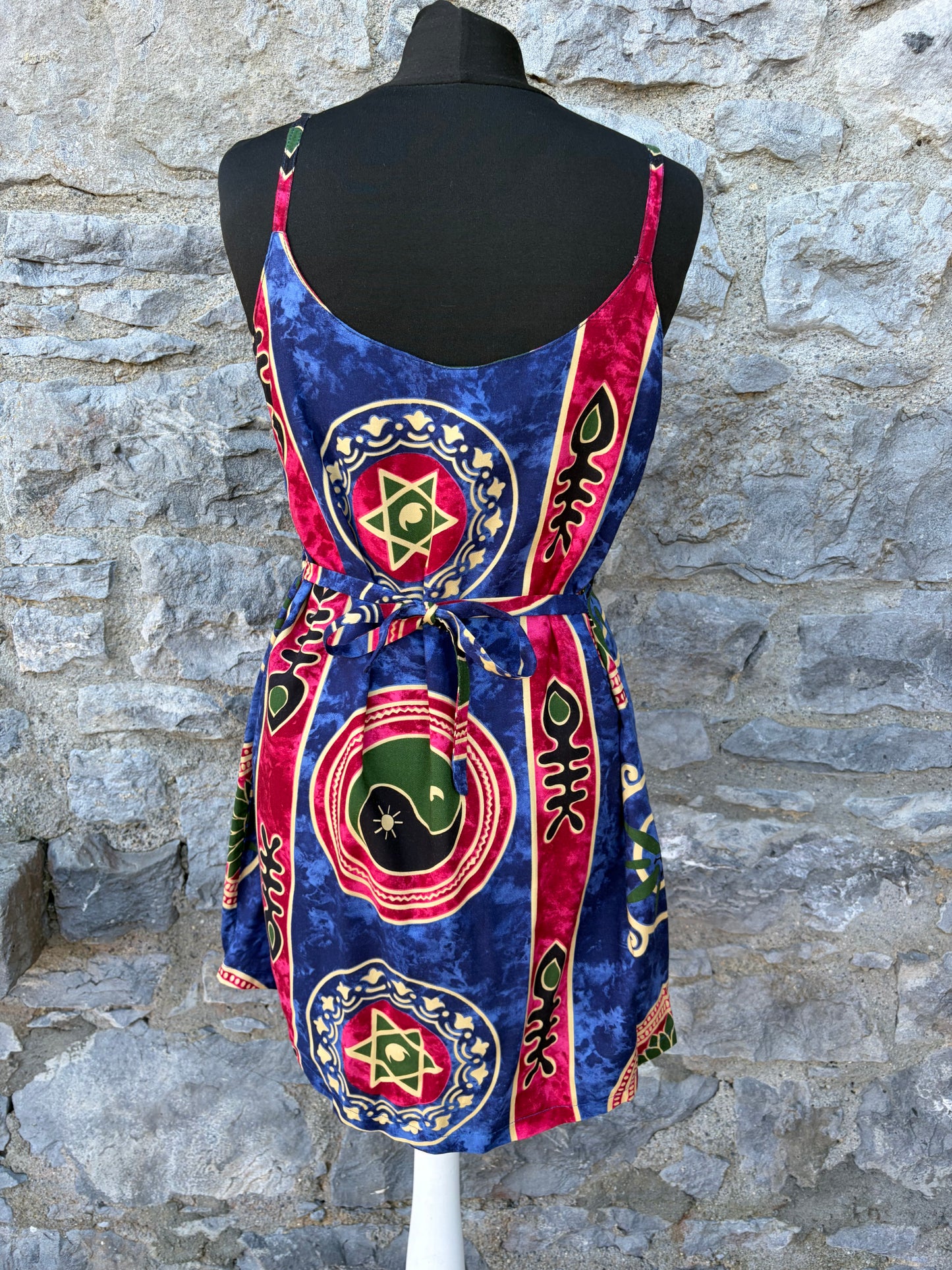 90s blue tribal fish print sun dress uk 6-8