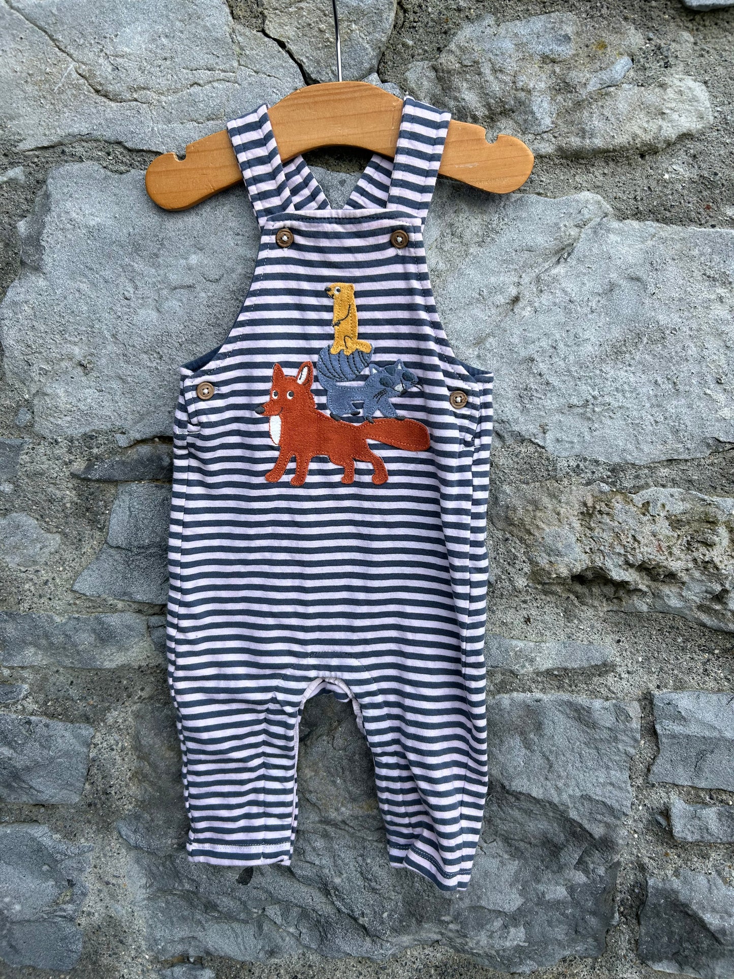 Woodland Animals navy stripy dungarees 3-6m (62-68cm)