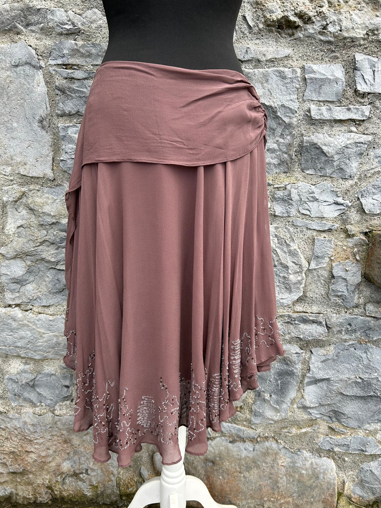 Brown sequin embroidered hem silk skirt uk 10
