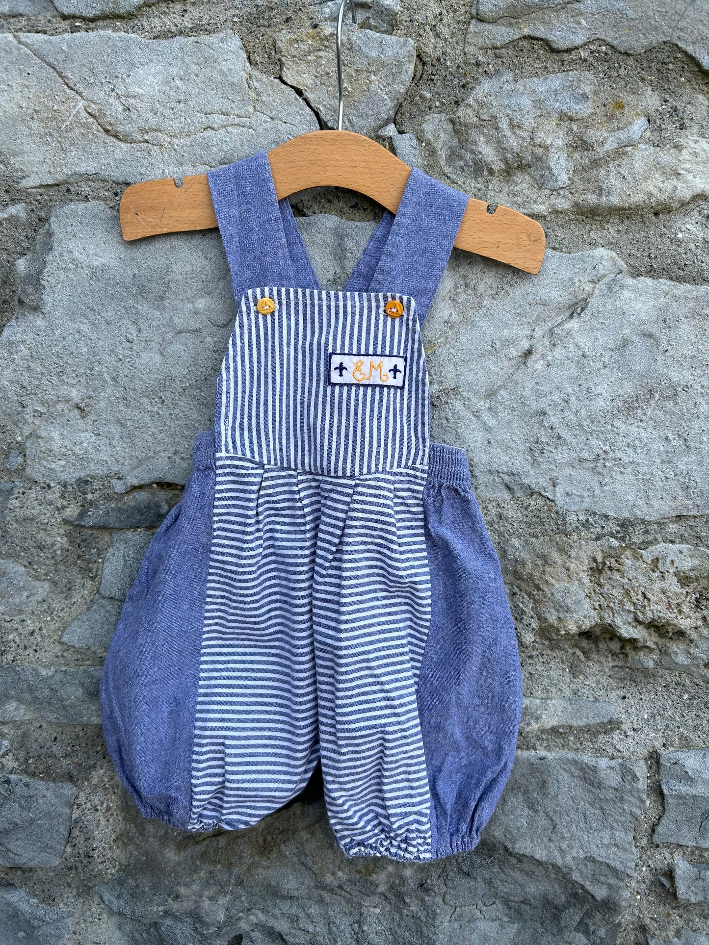 90s blue stripy short dungarees 6m (68cm)