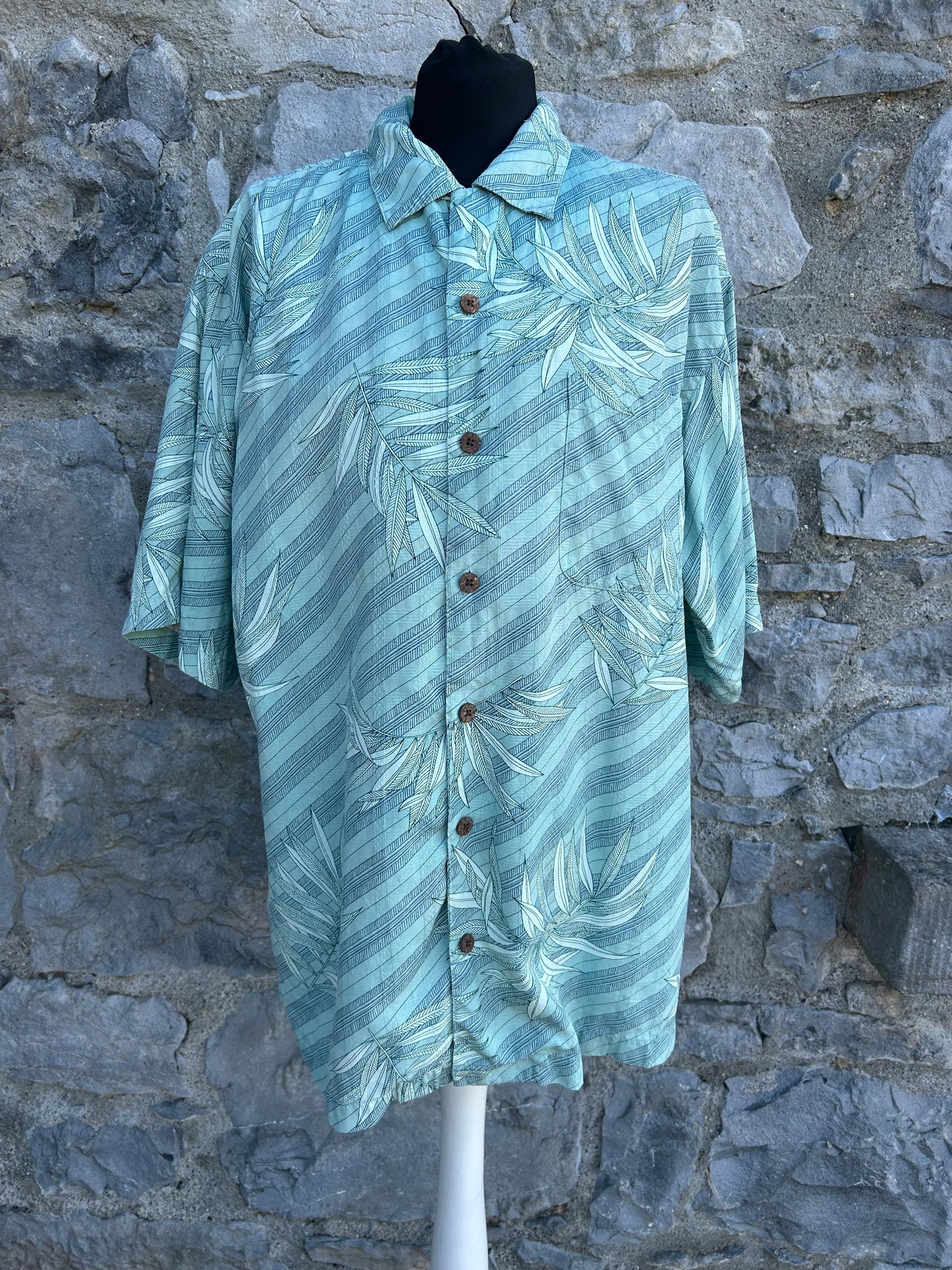 90s green stripes&palm leaves shirt Medium