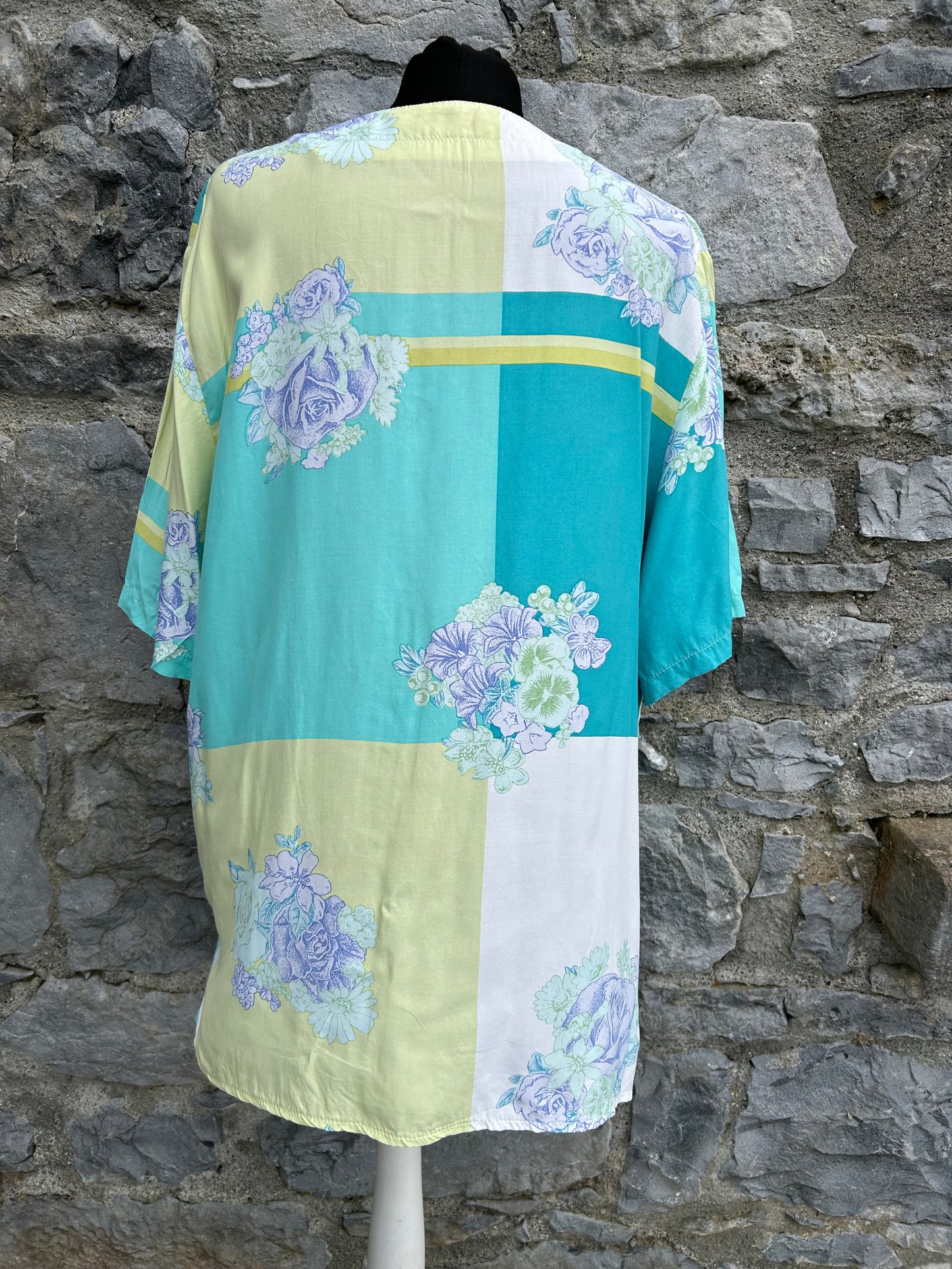 80s yellow&green patchwork floral shirt uk 14-16