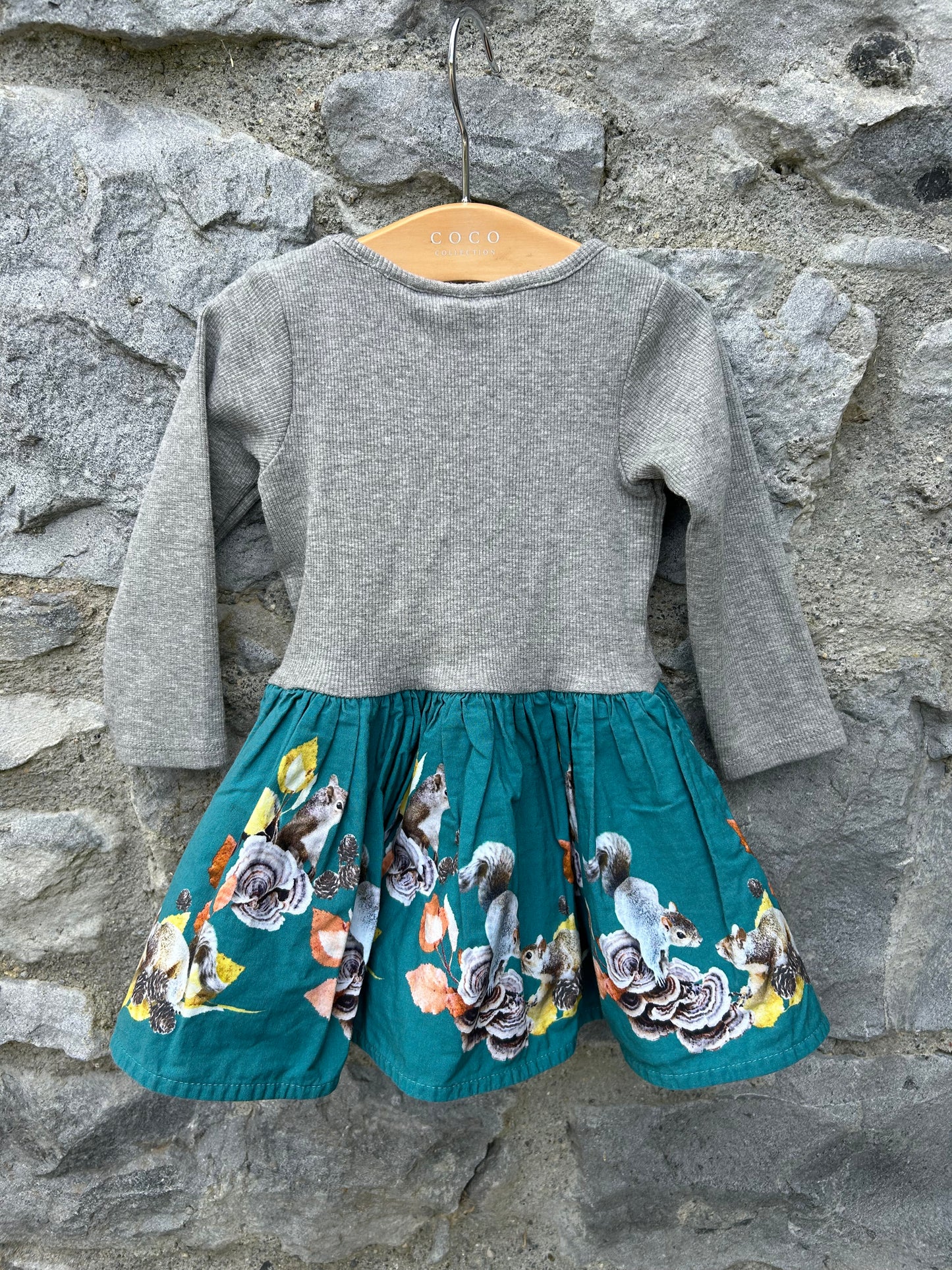 Squirrels teal&grey dress 6m (68cm)