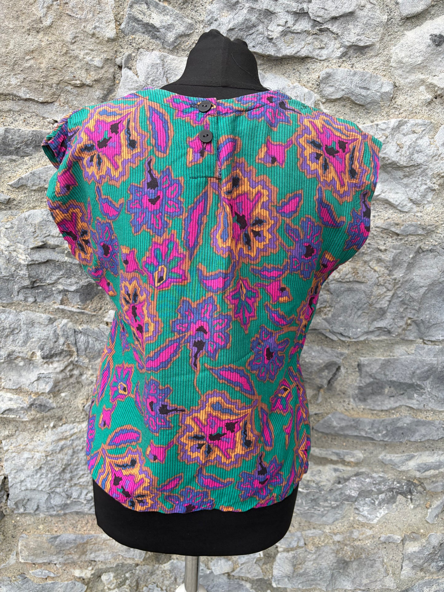 90s Teal&purple tropical print top uk 6-8