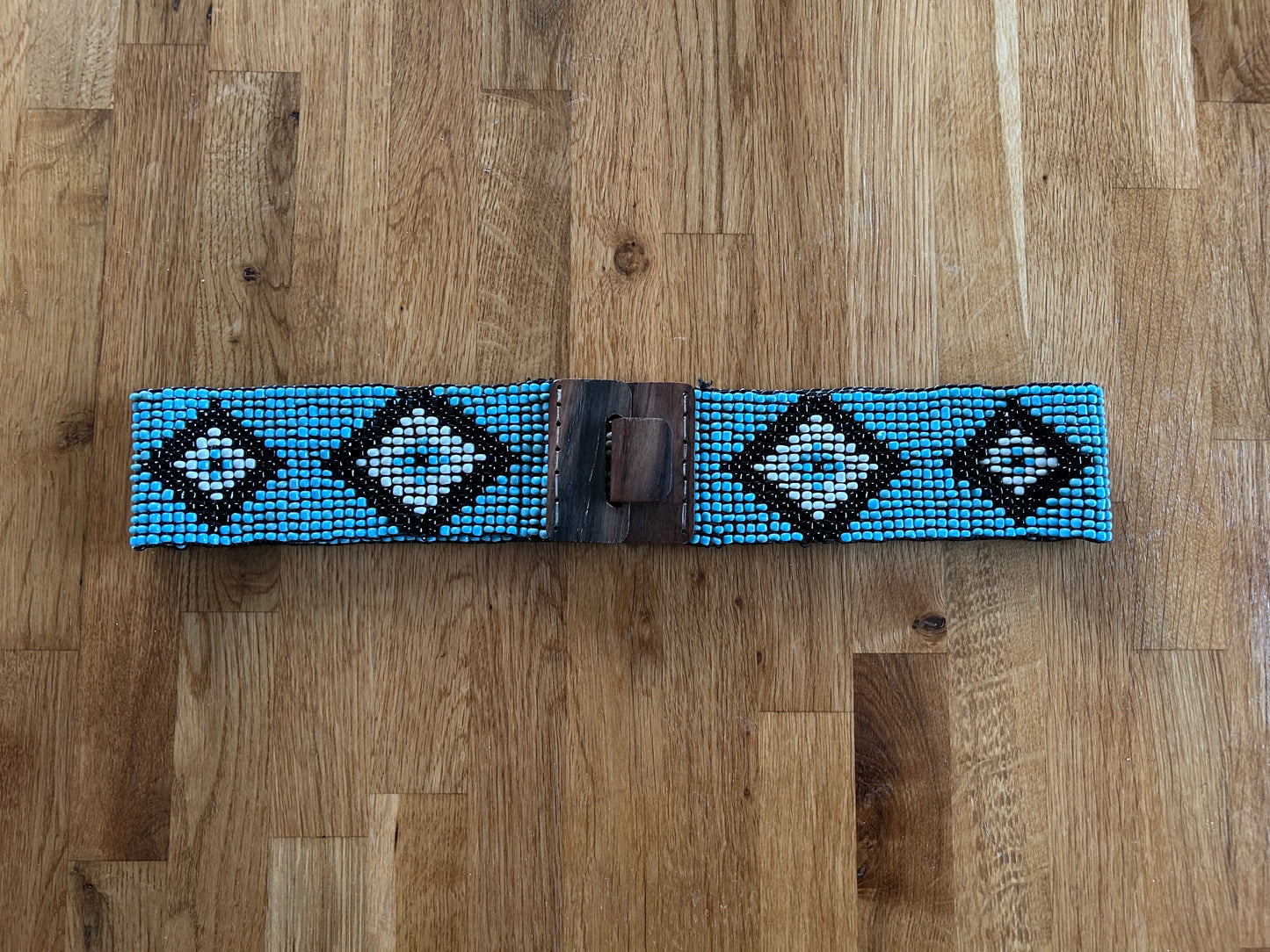 Blue geometric beaded belt