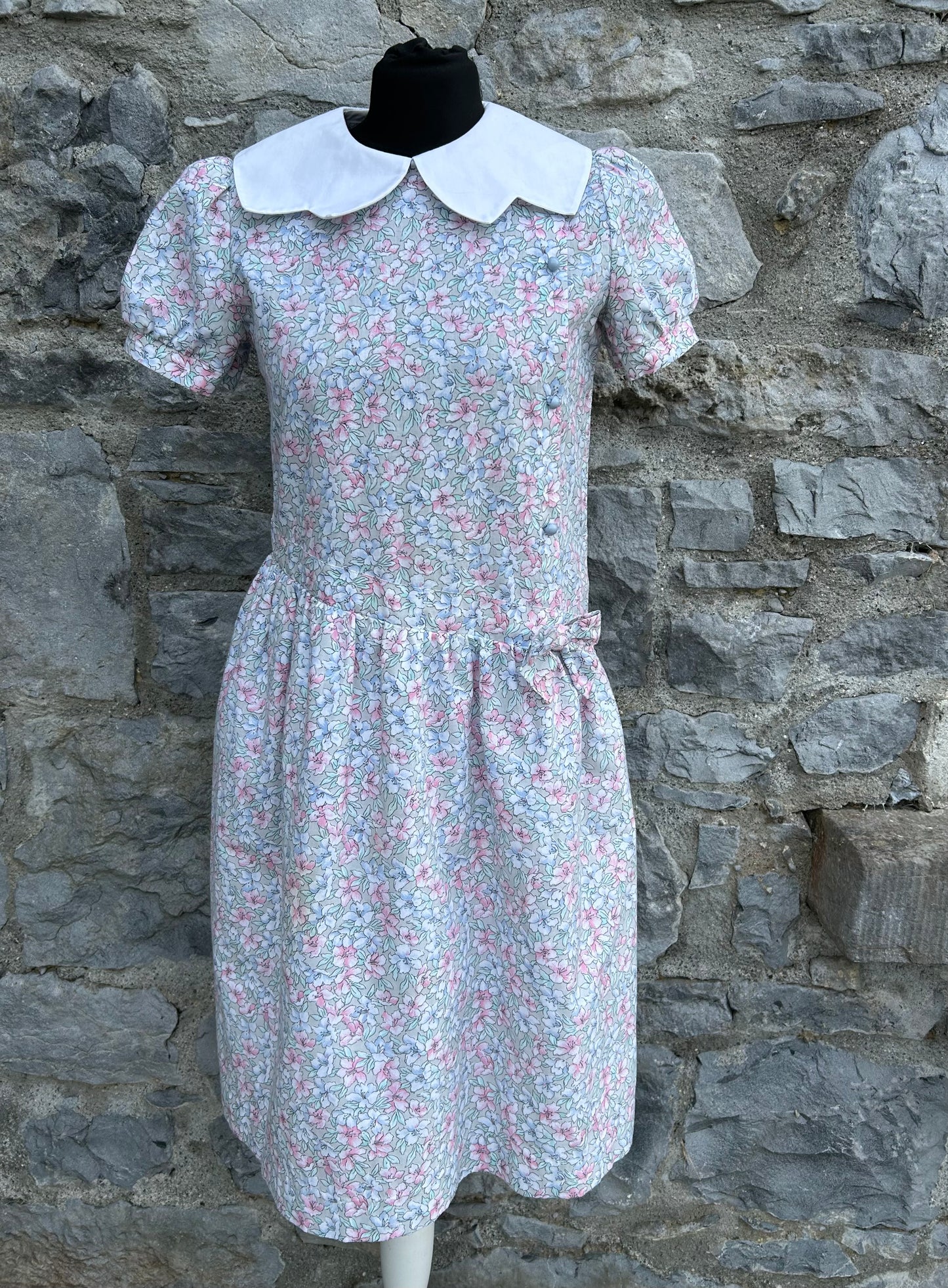 80s Grey&pink floral dress 13y (158cm)