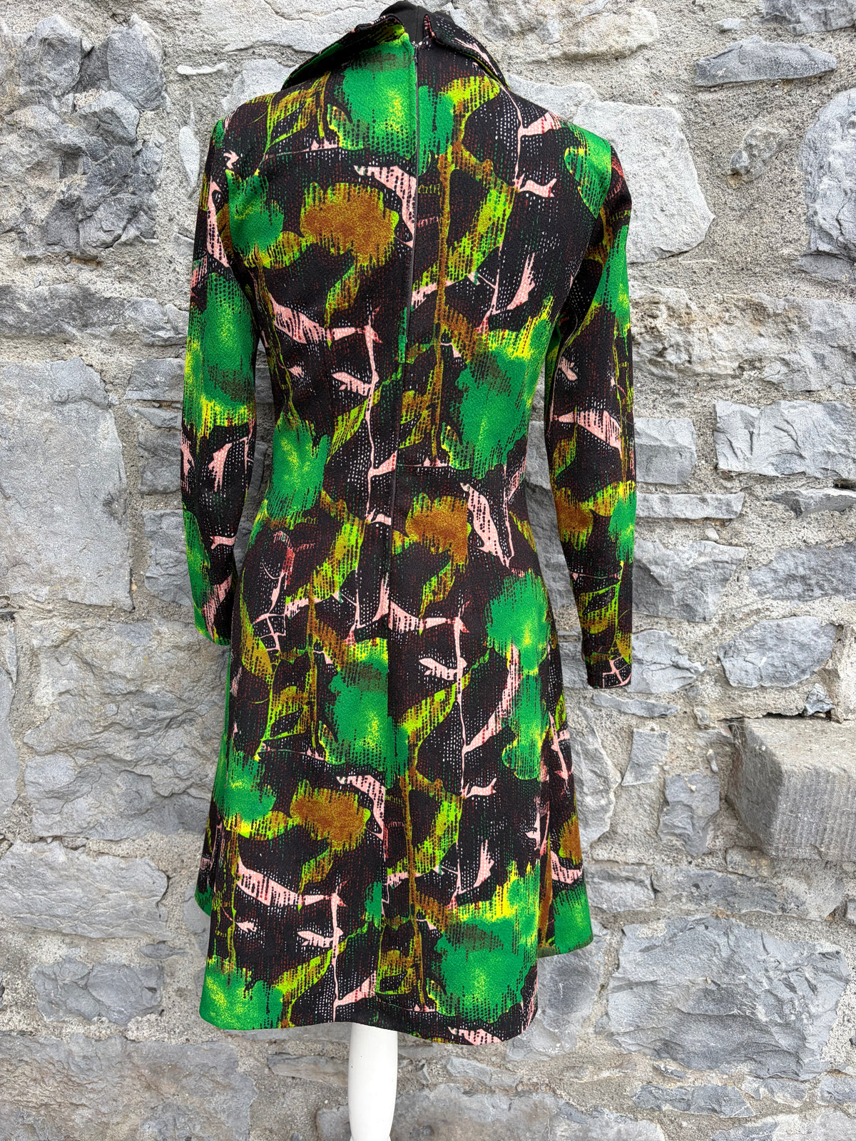 70s abstract green&brown dress uk 8