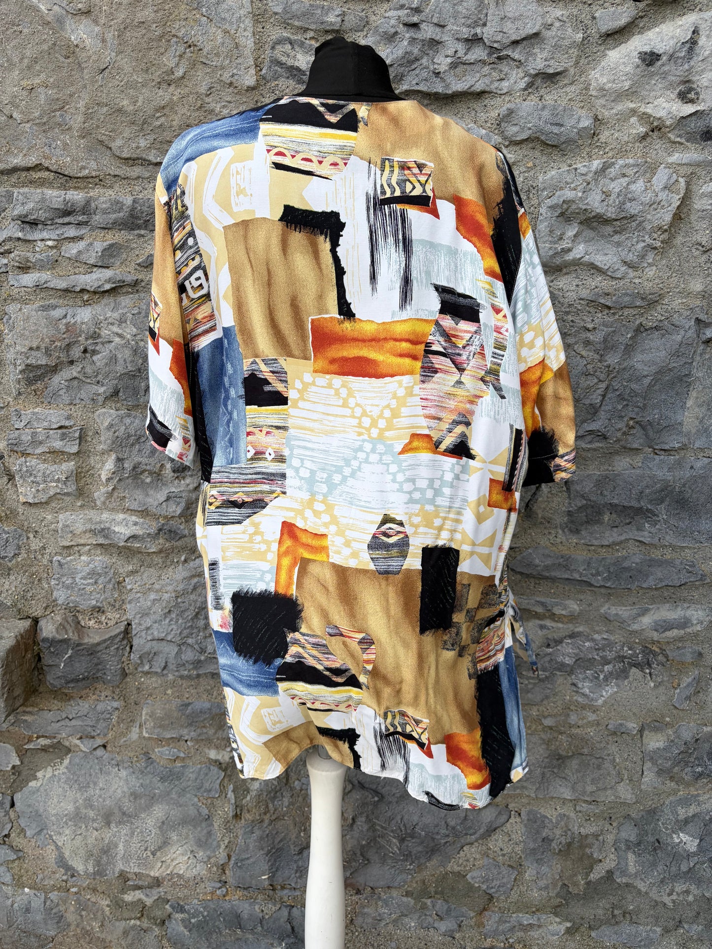 80s abstract patchwork beige& brown blouse uk 16